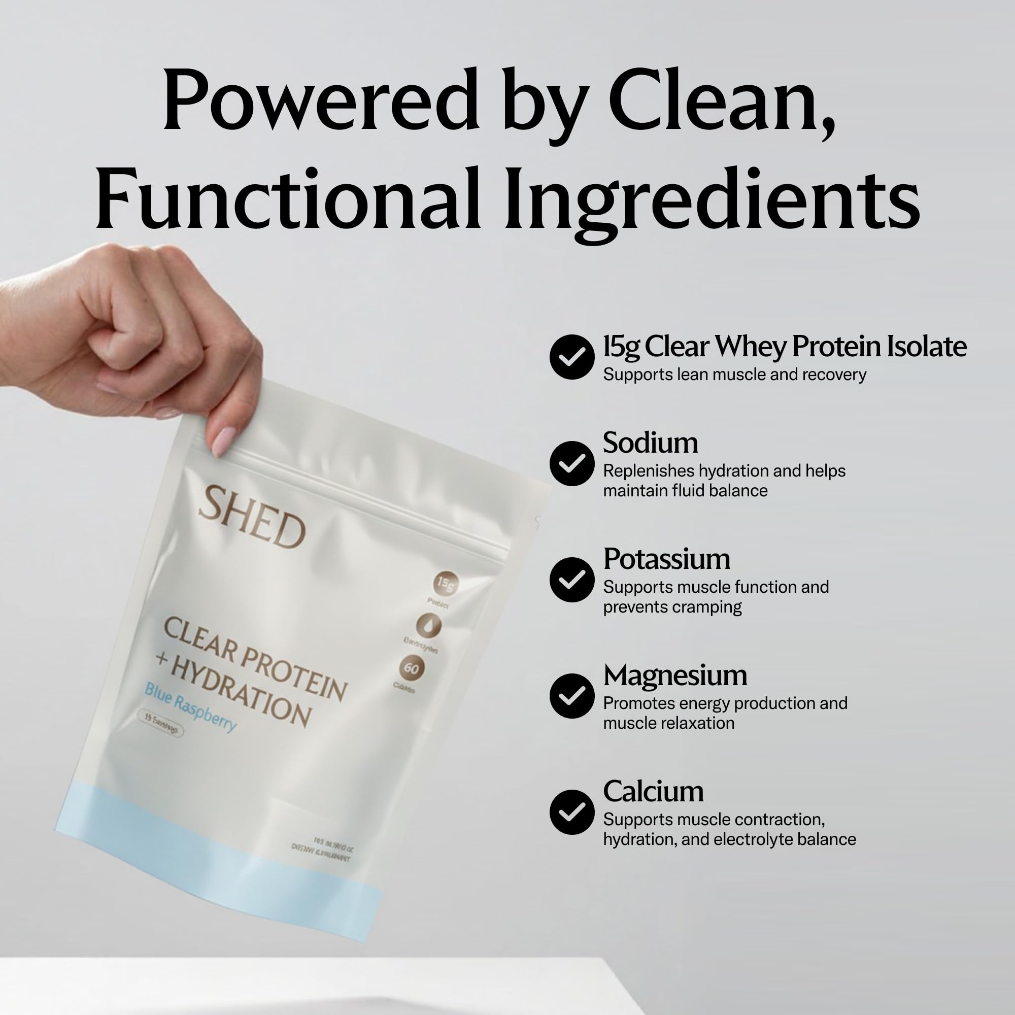 Sabor Frambuesa Azul Shed Nutrition Proteína Clara con electrolitos.