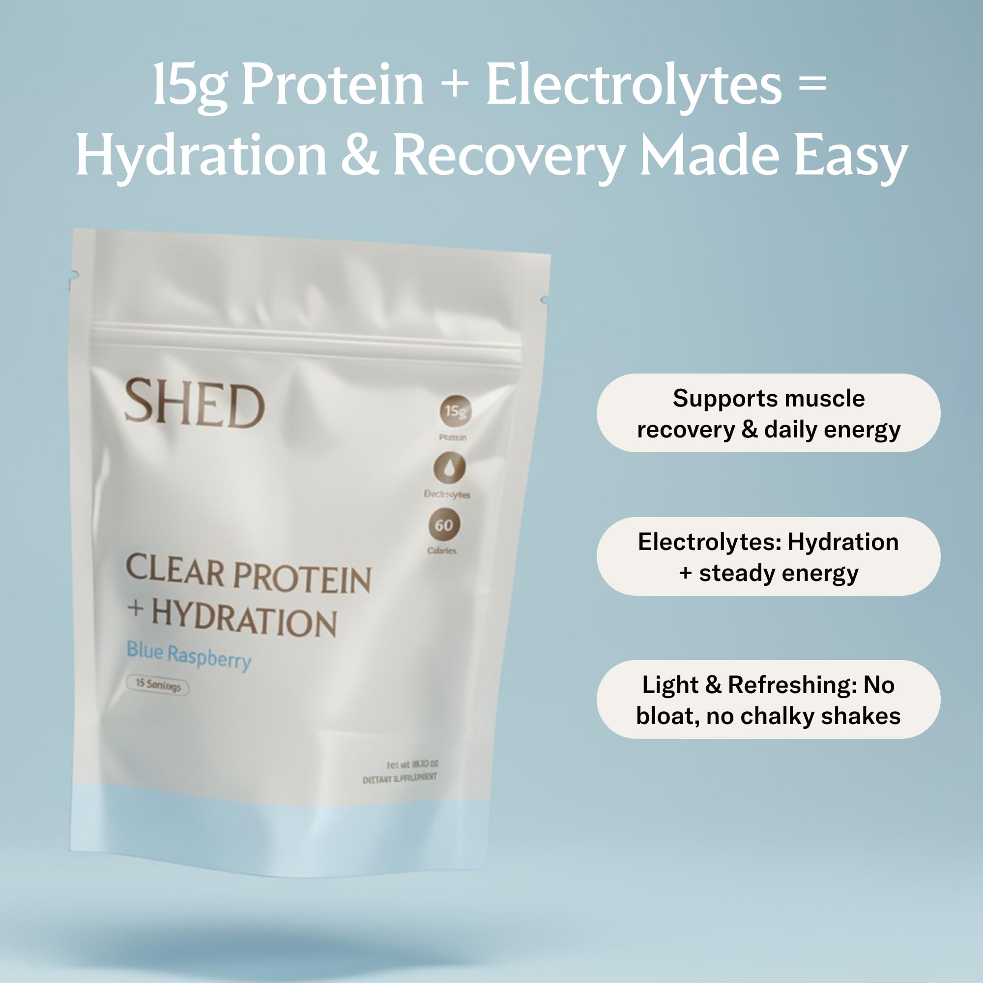 Proteína Clara Shed en vaso con mezcla clara, bebida ligera y refrescante.