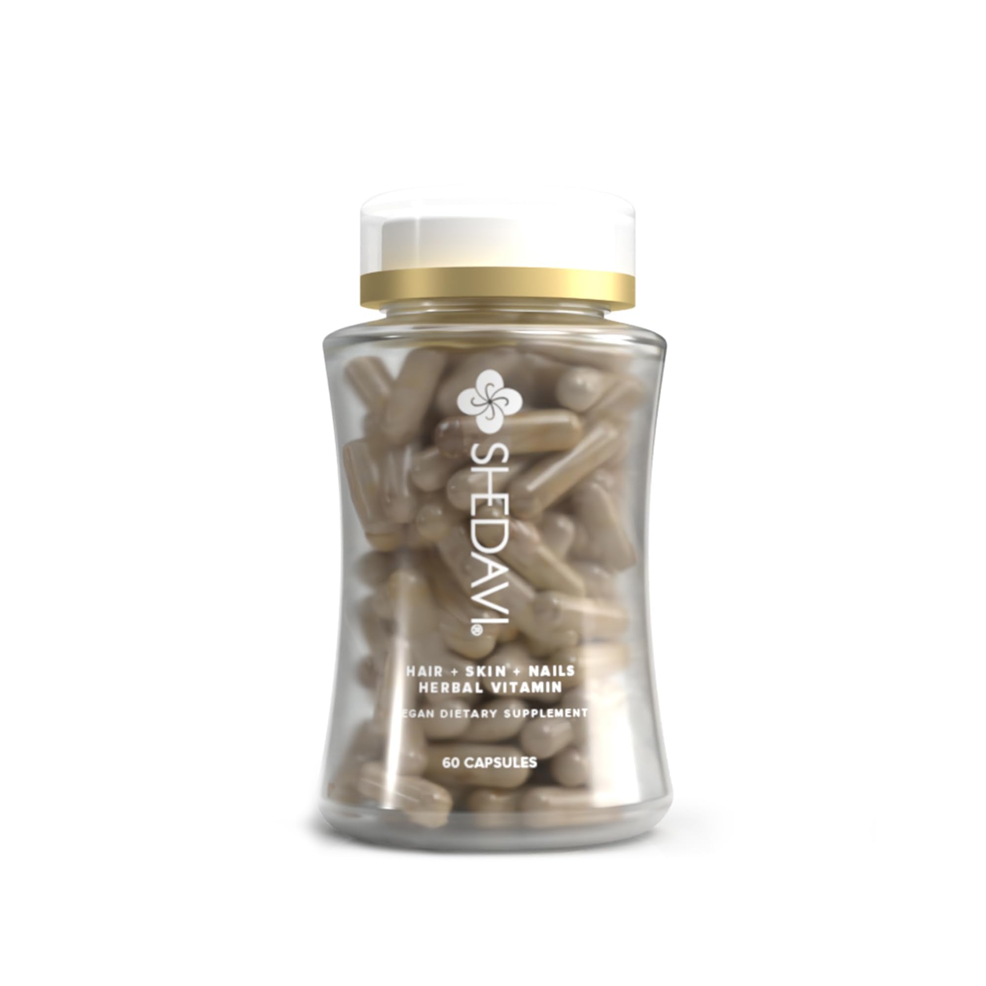 Shedavi Iconico vitaminas para cabello, botella frontal con cápsulas, posible apoyo para cabello más grueso