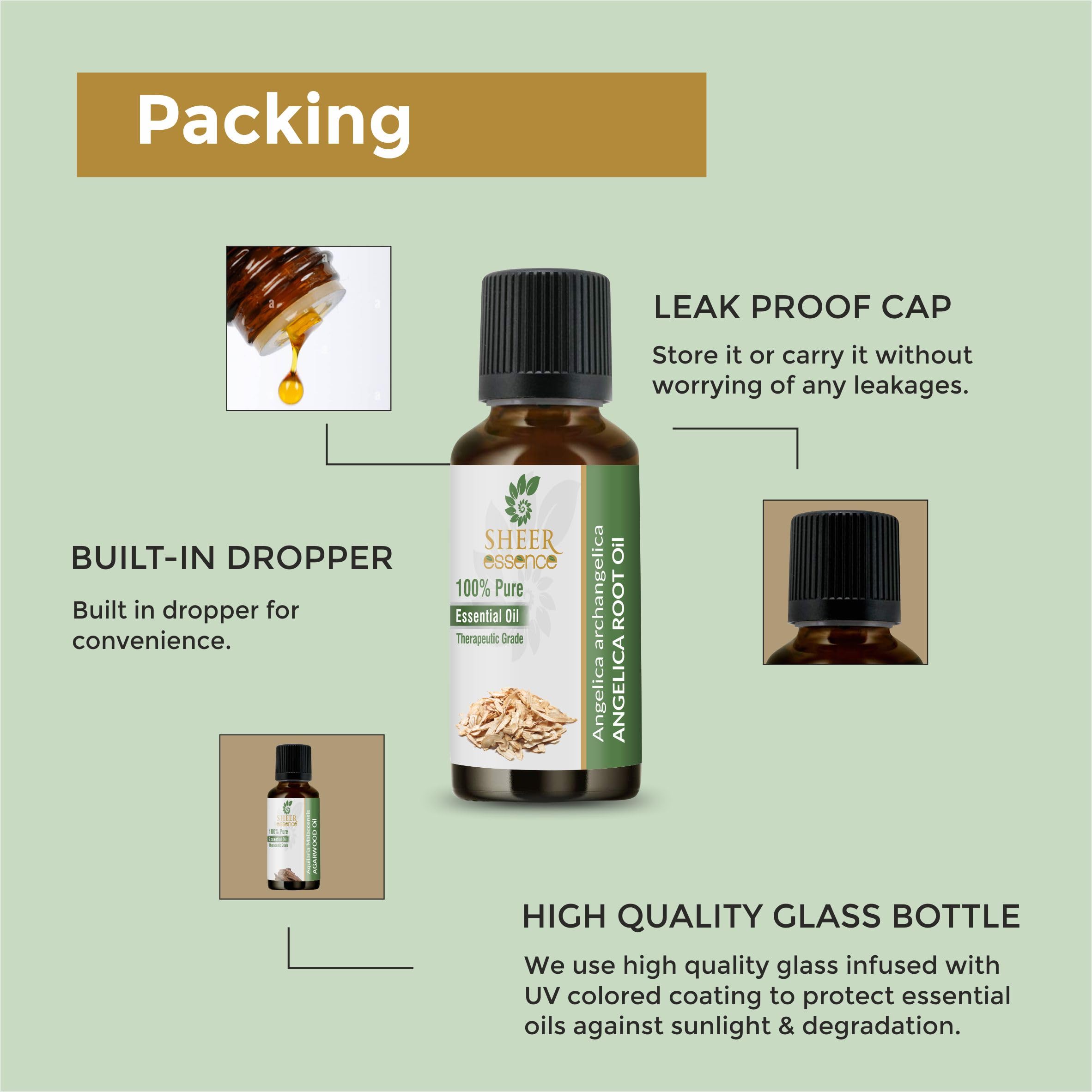 Sheer Essence Aceite de Angélica, etiqueta: envase compacto para viajar con estilo