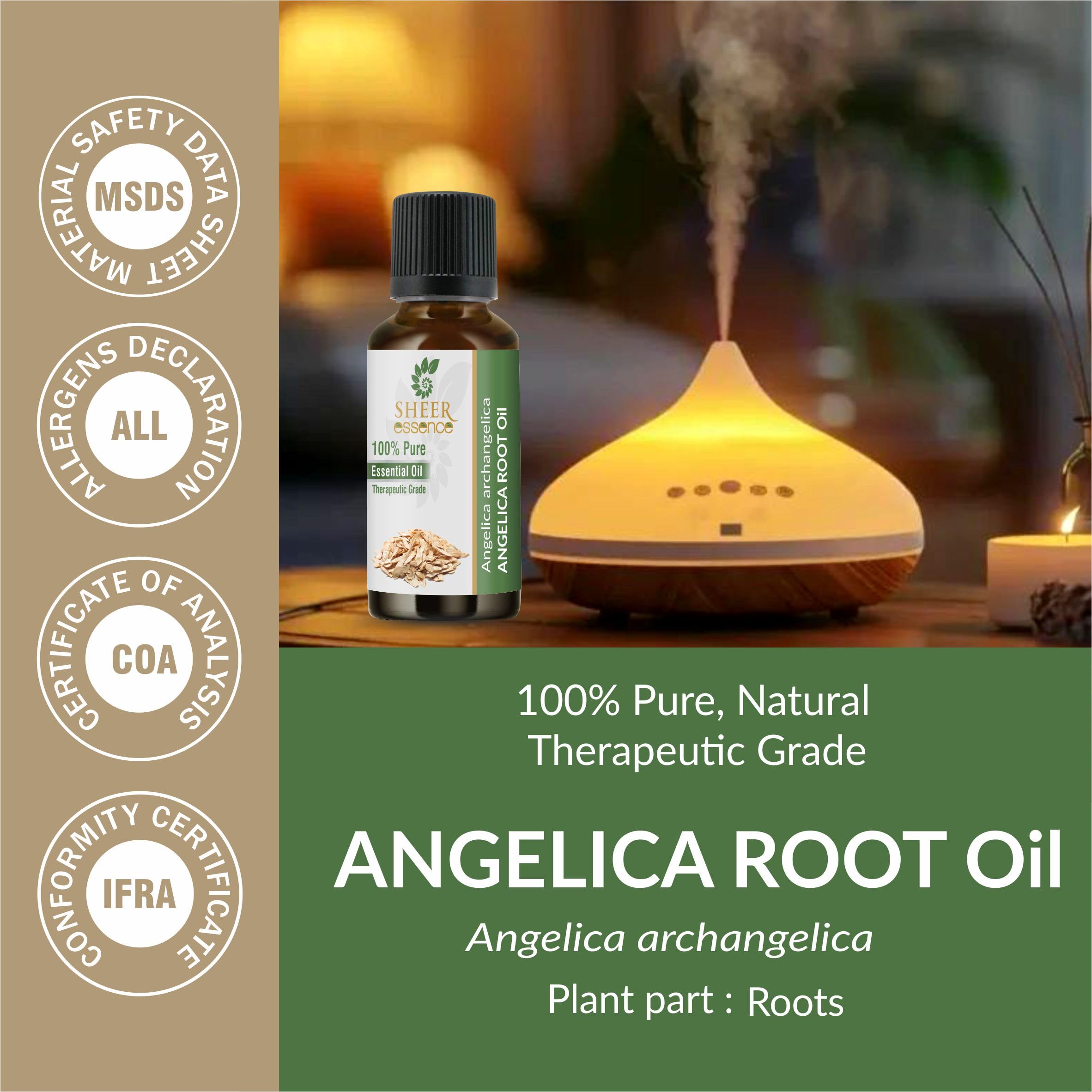 Sheer Essence Aceite de Angélica, frasco ámbar: aroma envolvente para uso tópico suave