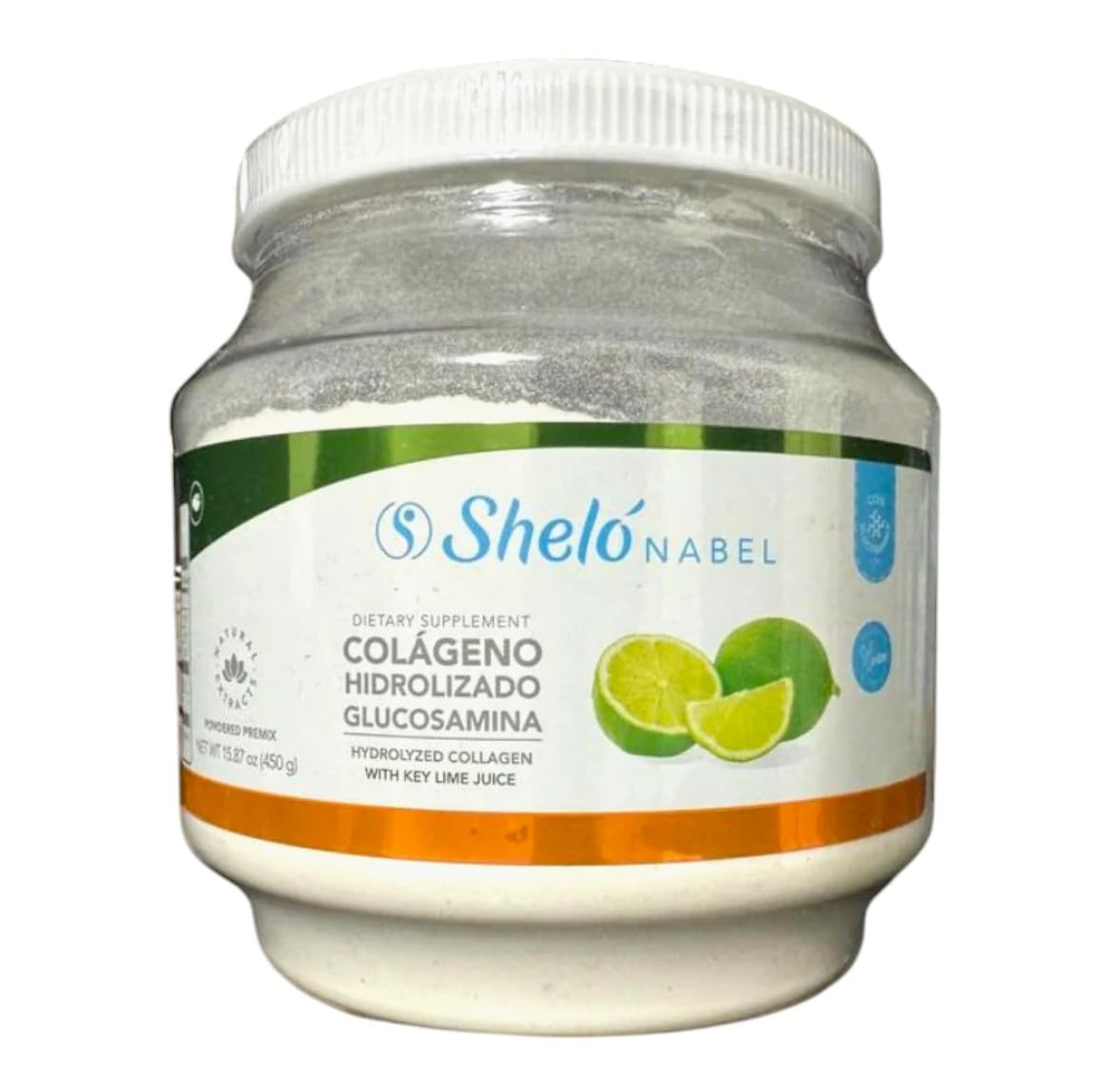 Sheló NABEL colágeno hidrolizado con glucosamina en envase; posible apoyo a elasticidad de la piel