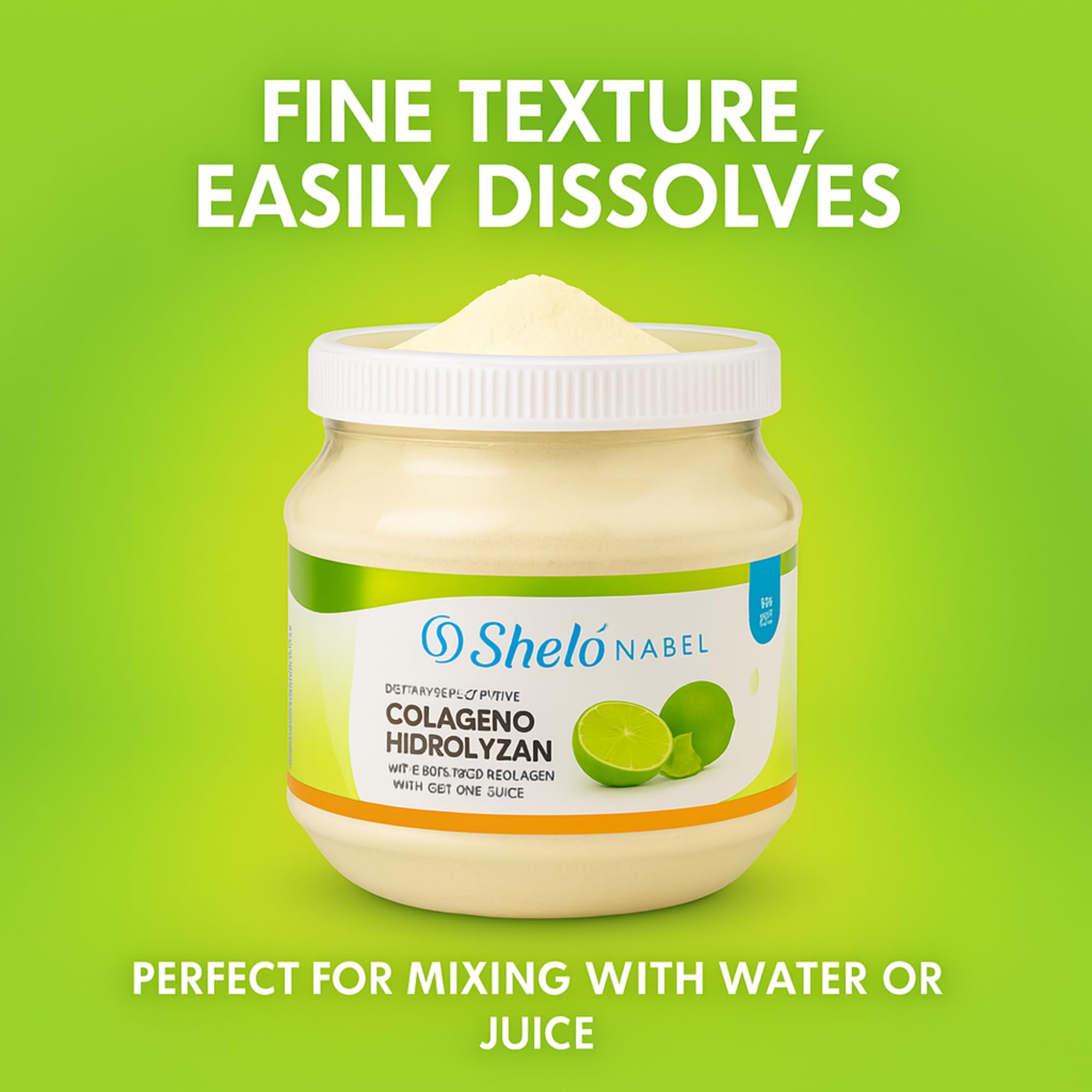 Sheló NABEL Colágeno Limón, textura en polvo: fácil de mezclar en agua o batido.