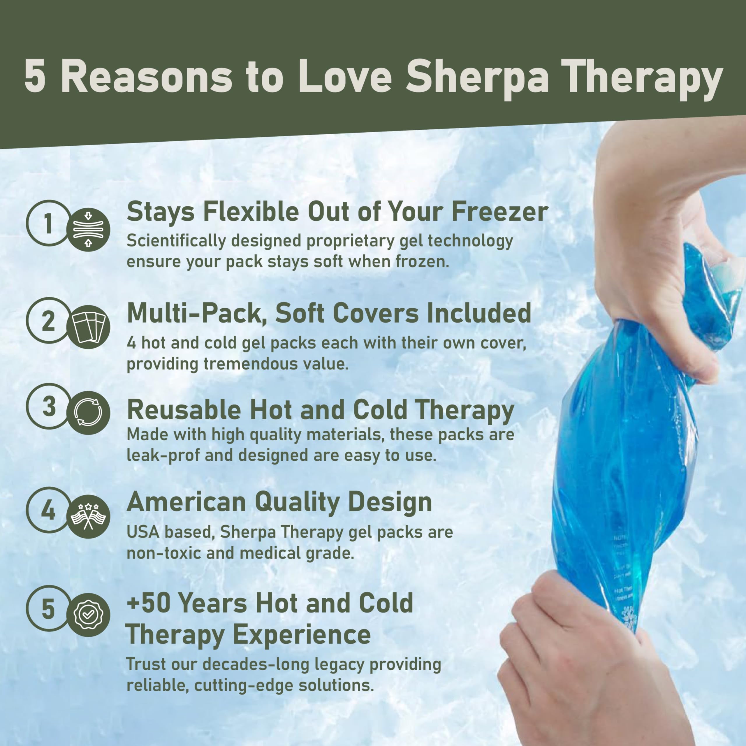 Sherpa Therapy 4PK cubierta suave incluida para mayor confort durante la terapia fría.