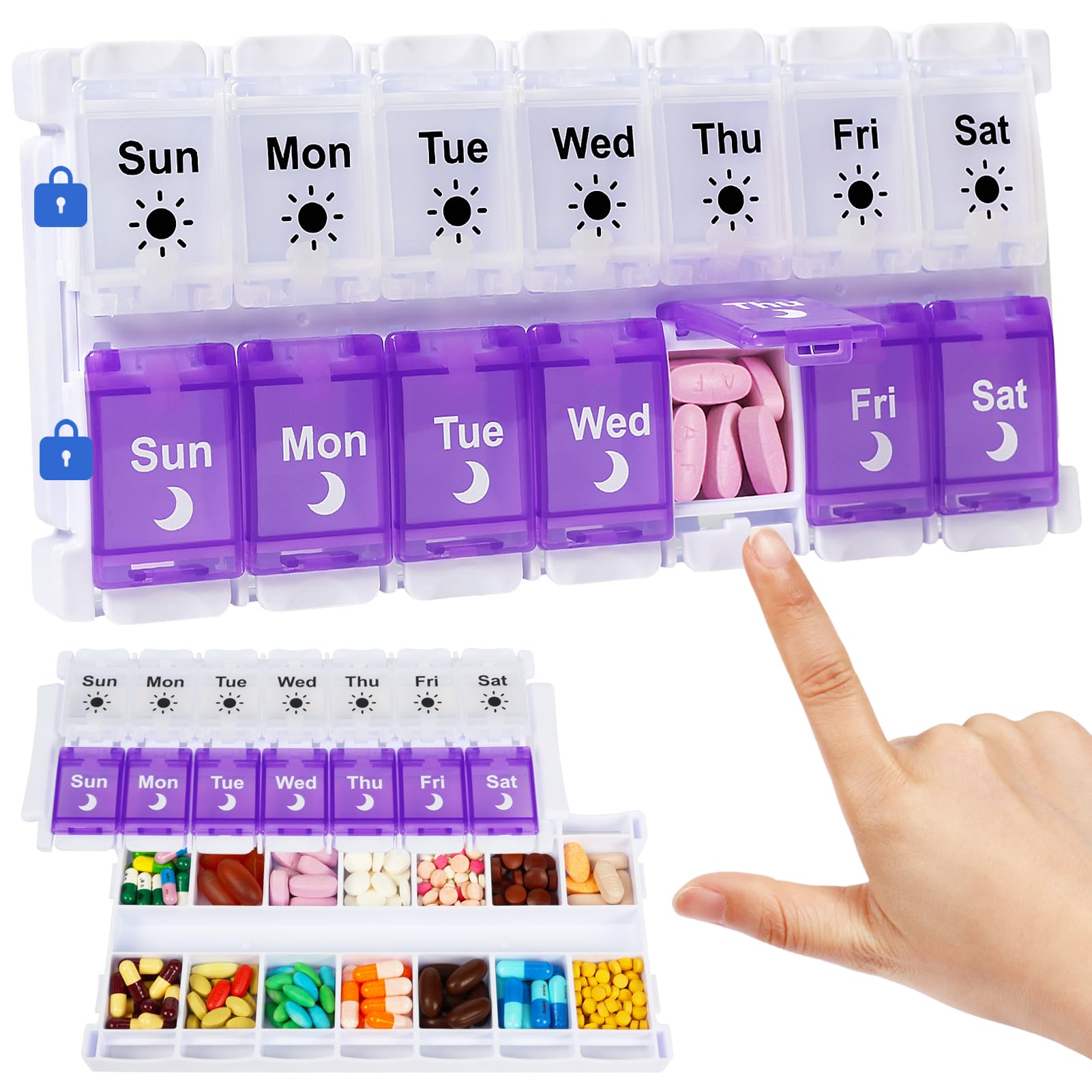 Shintop organizador semanal de pastillas con tapas desmontables y uso sencillo.