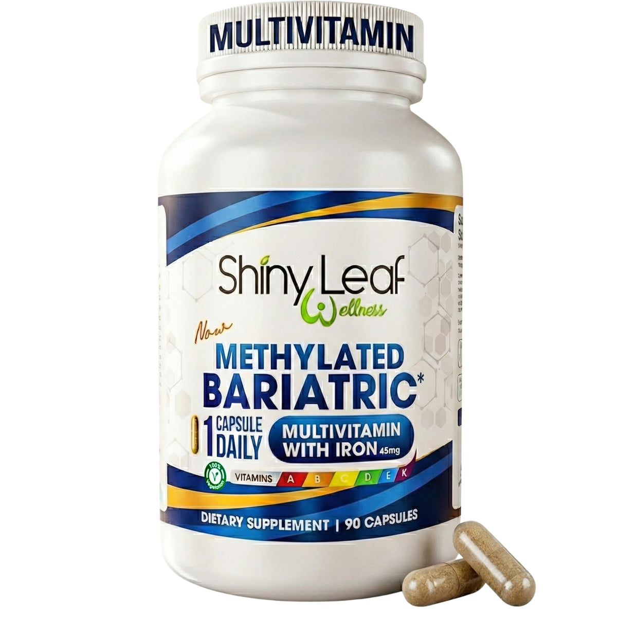 Shiny Leaf multivitamínico bariátrico en botella para energía diaria y absorción.