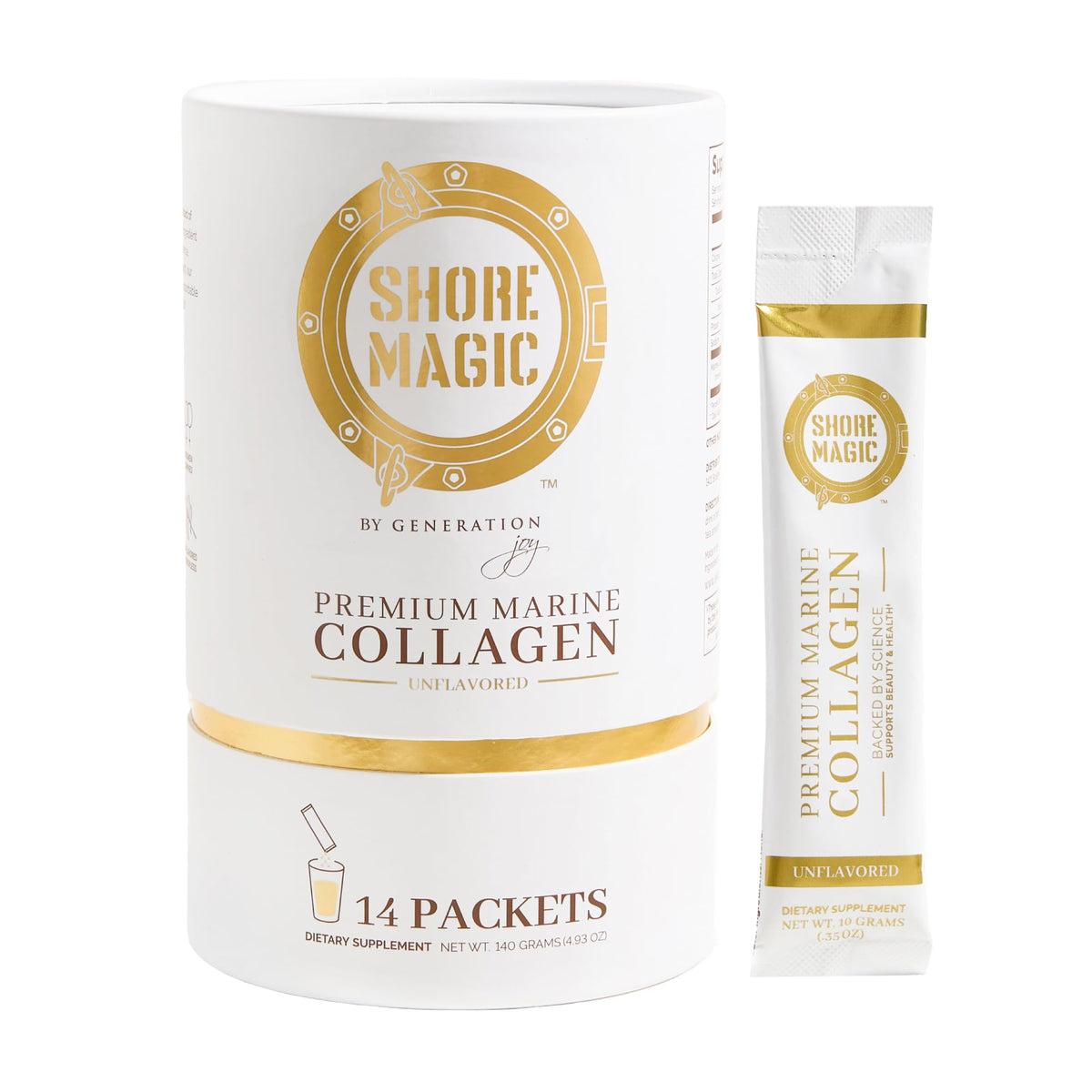 Paquetes Shore Magic de colágeno marino listos para llevar en 14 días.