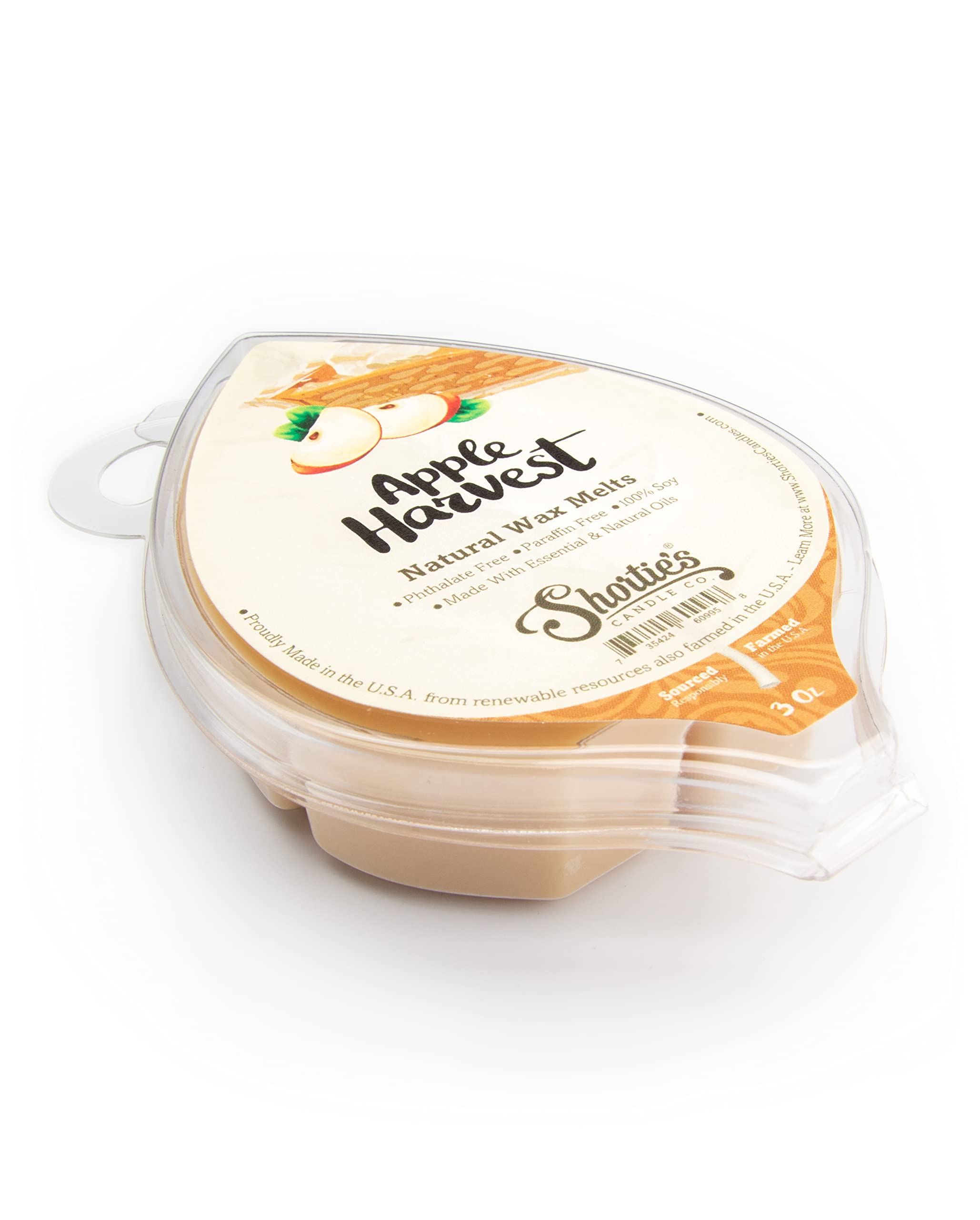 Etiqueta de ingredientes en Shortie's Apple Harvest con cera vegetal y aceites esenciales.