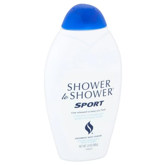 Botella de polvo con aroma energizante Shower To Shower para días activos.