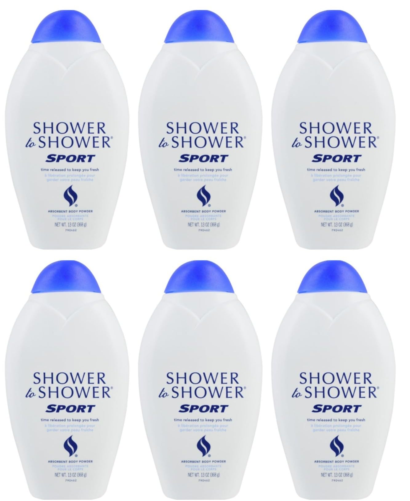 Polvo absorbente Shower To Shower en pack de 6, ideal para entrenamiento diario.