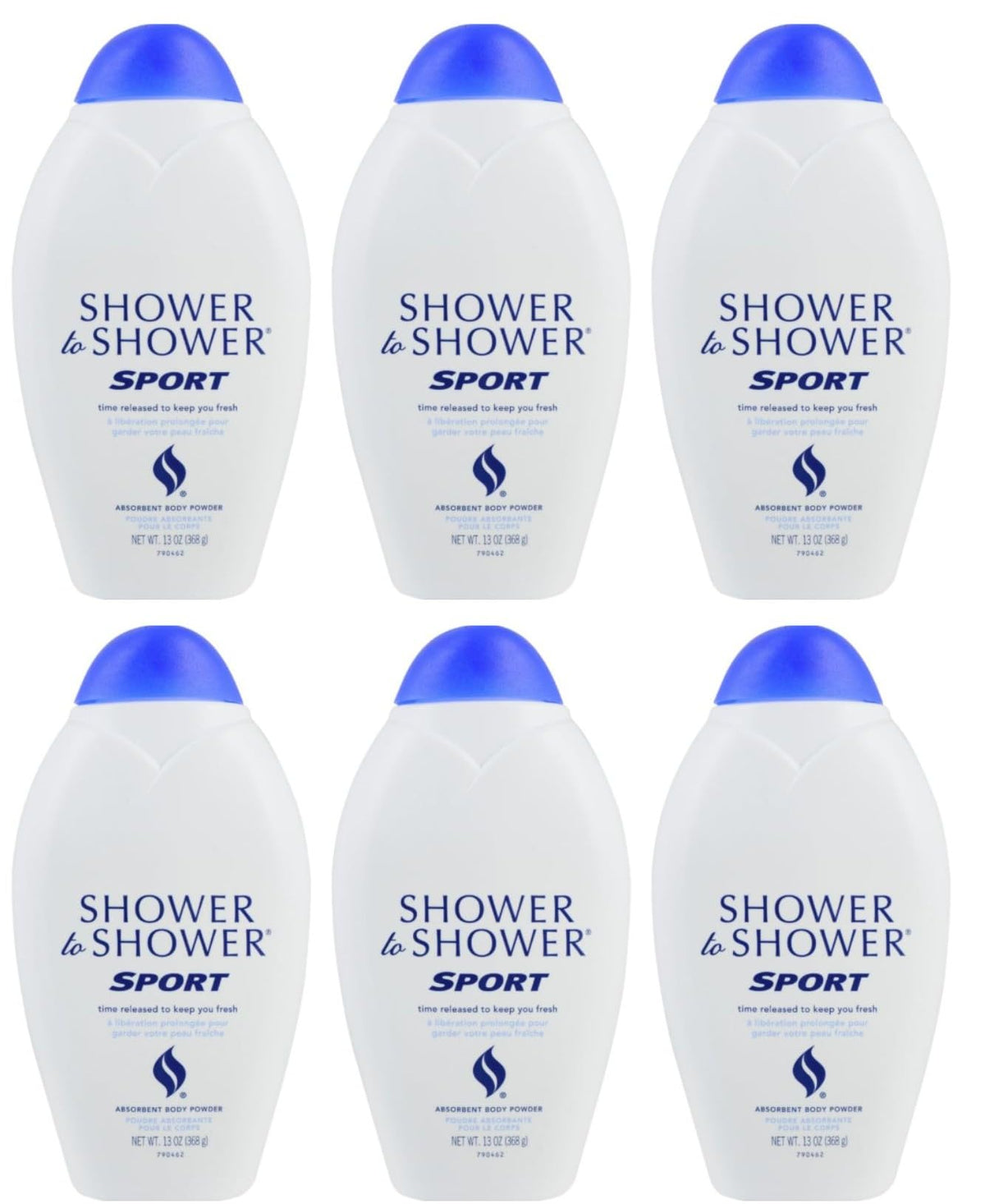 Polvo absorbente Shower To Shower en pack de 6, ideal para entrenamiento diario.