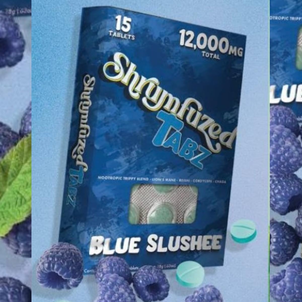 Shrumfuzed, tabletas sabor azul-slushee, energía suave para enfoque sostenido.