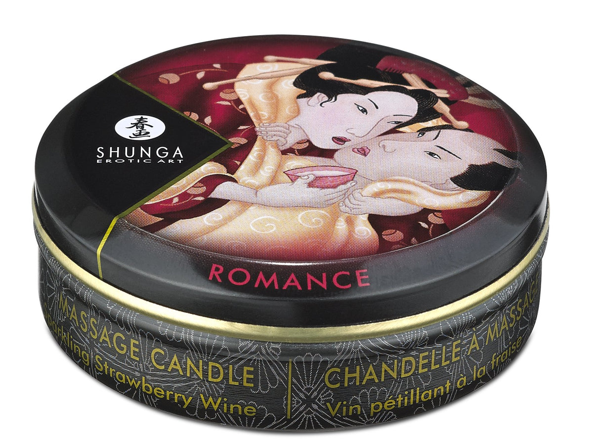 Shunga vela de masaje con aroma a fresa espumosa en envase portátil.