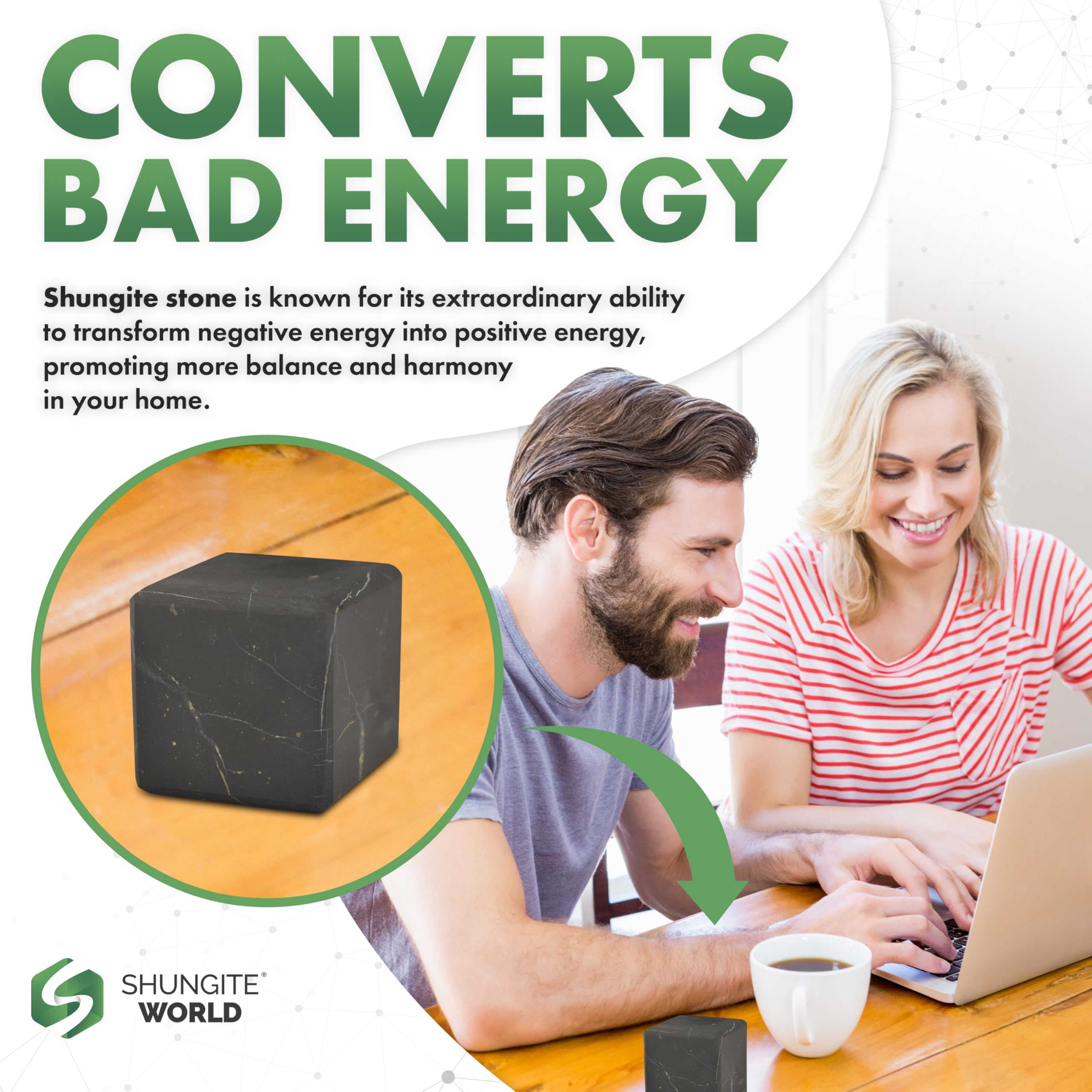 Cubo Shungite World junto a dispositivos ofrece protección energética en casa/oficina.