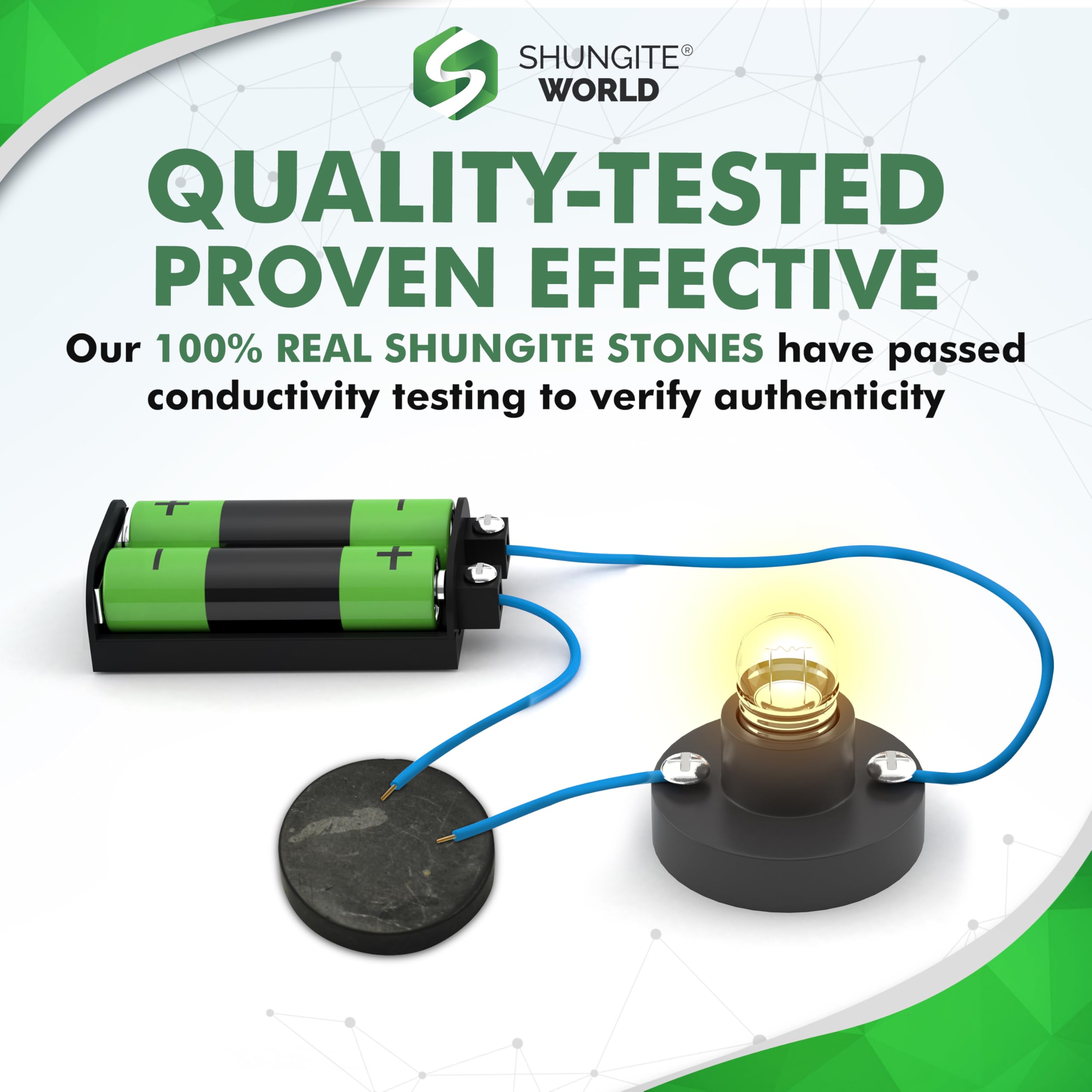 Shungite World: empaque seguro con instrucciones claras para usar las pegatinas.