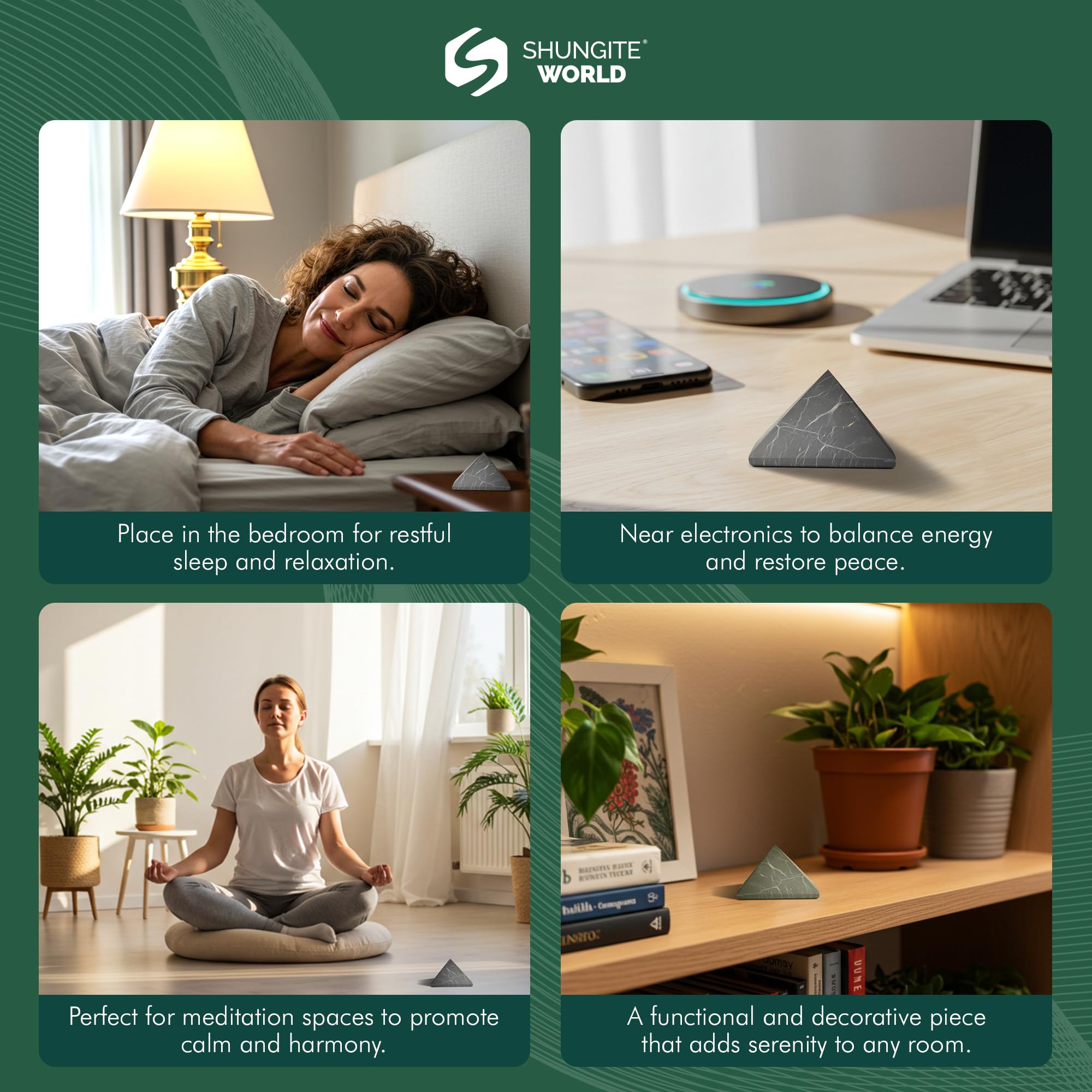 Decoración zen con pirámide de Shungite World que mejora el ambiente.