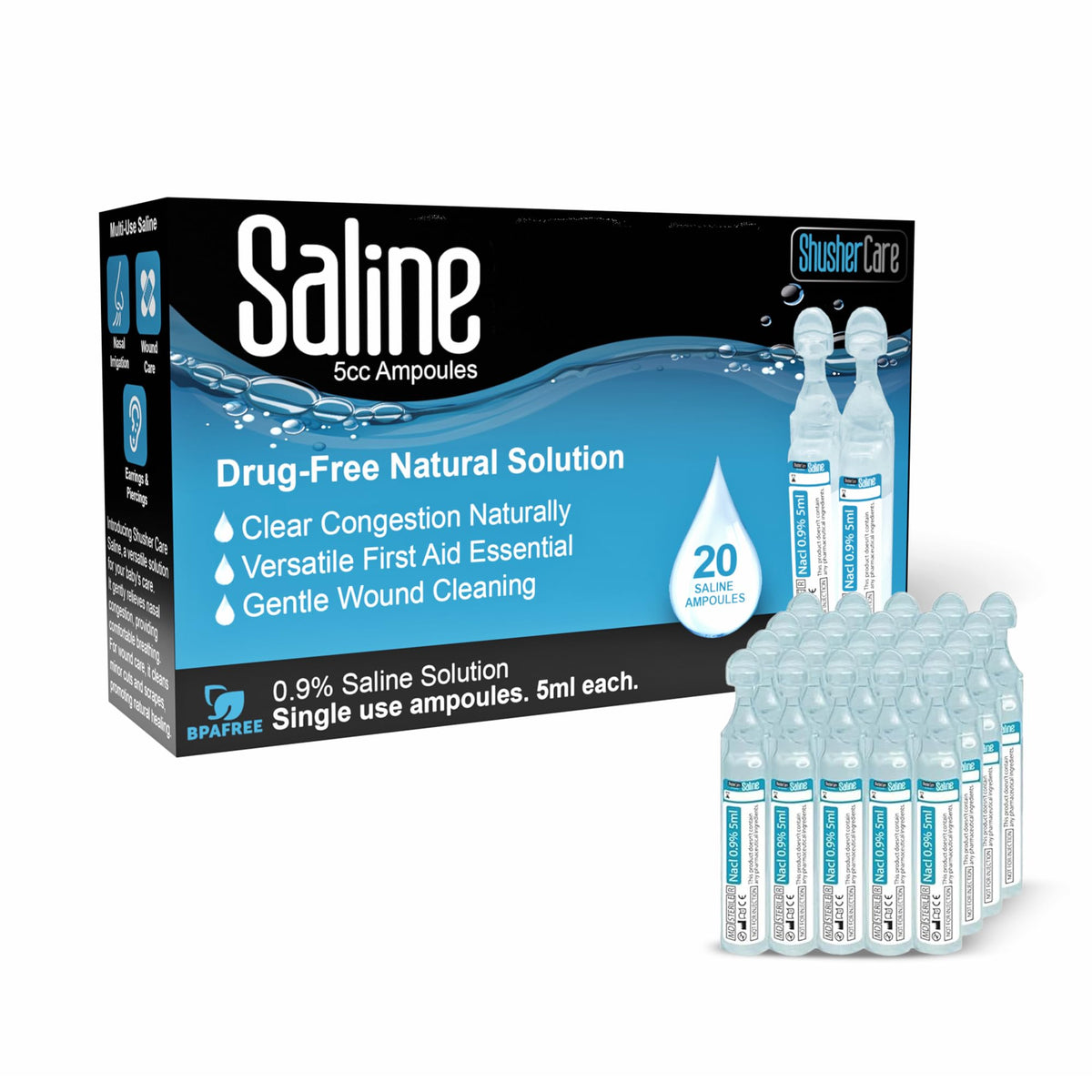 Shusher Care ampollas solución salina 0,9% de 5 ml esteriles para limpieza nasal suave.