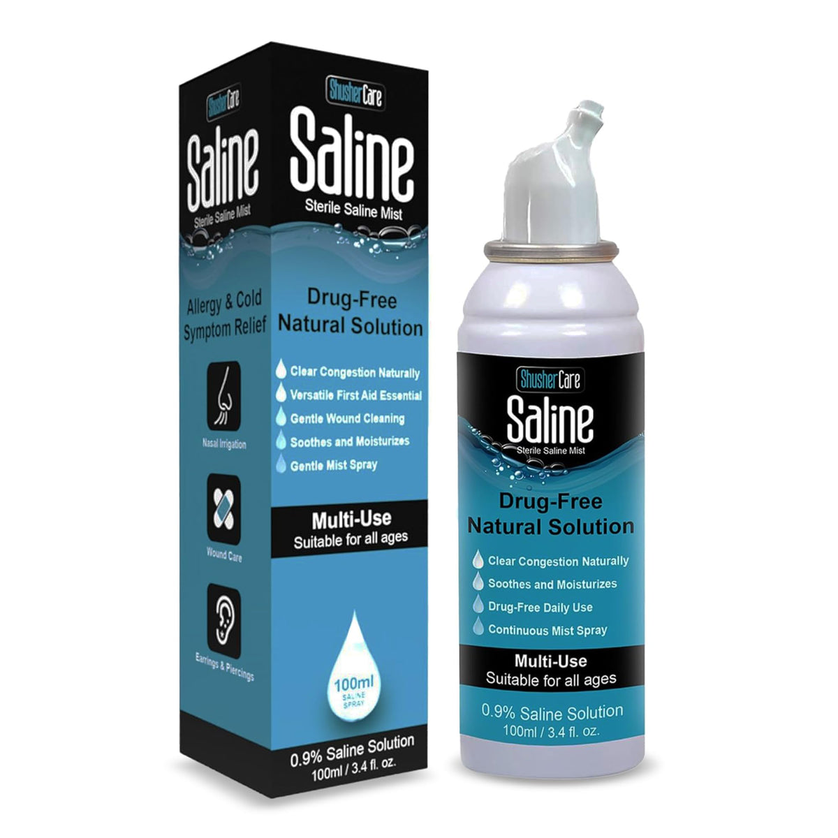 Shusher Care Salina Nasal: bote-100ml para uso diario suave en bebés y adultos.