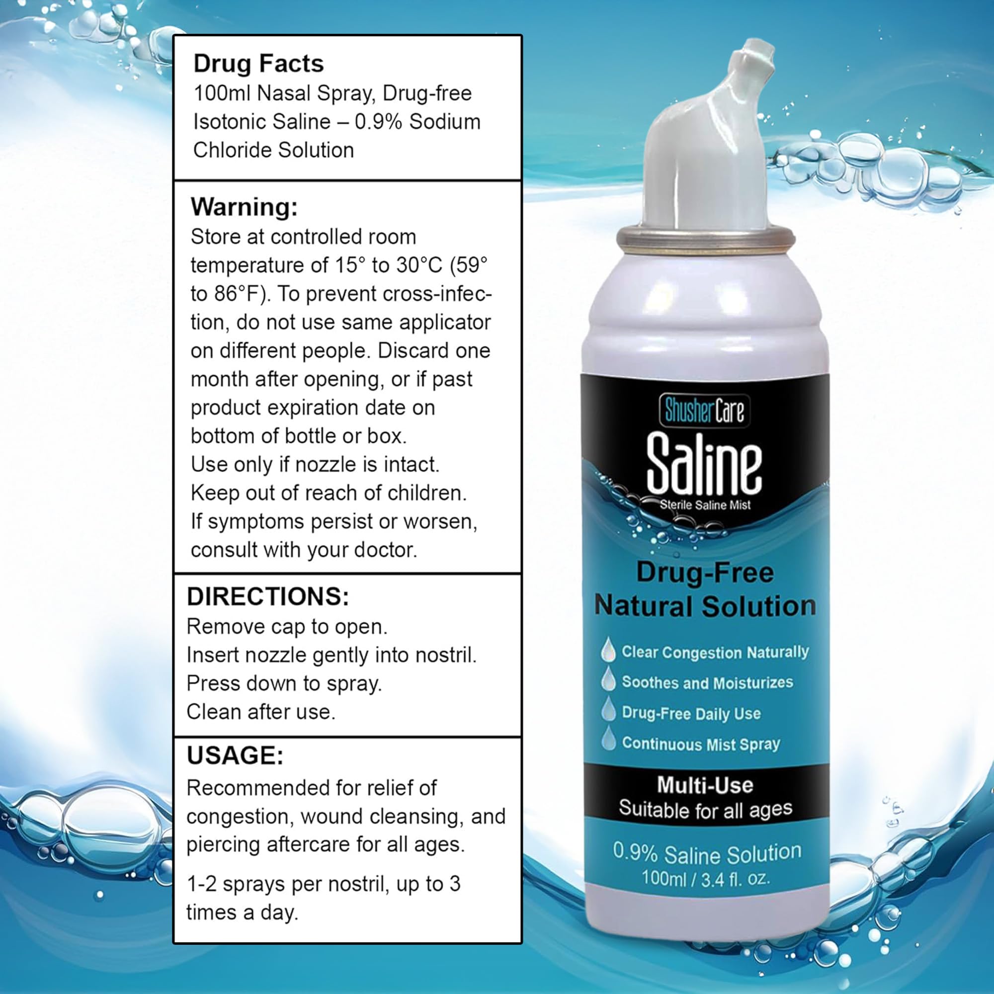 Shusher Care spray nasal portátil 100 ml ideal para viaje
