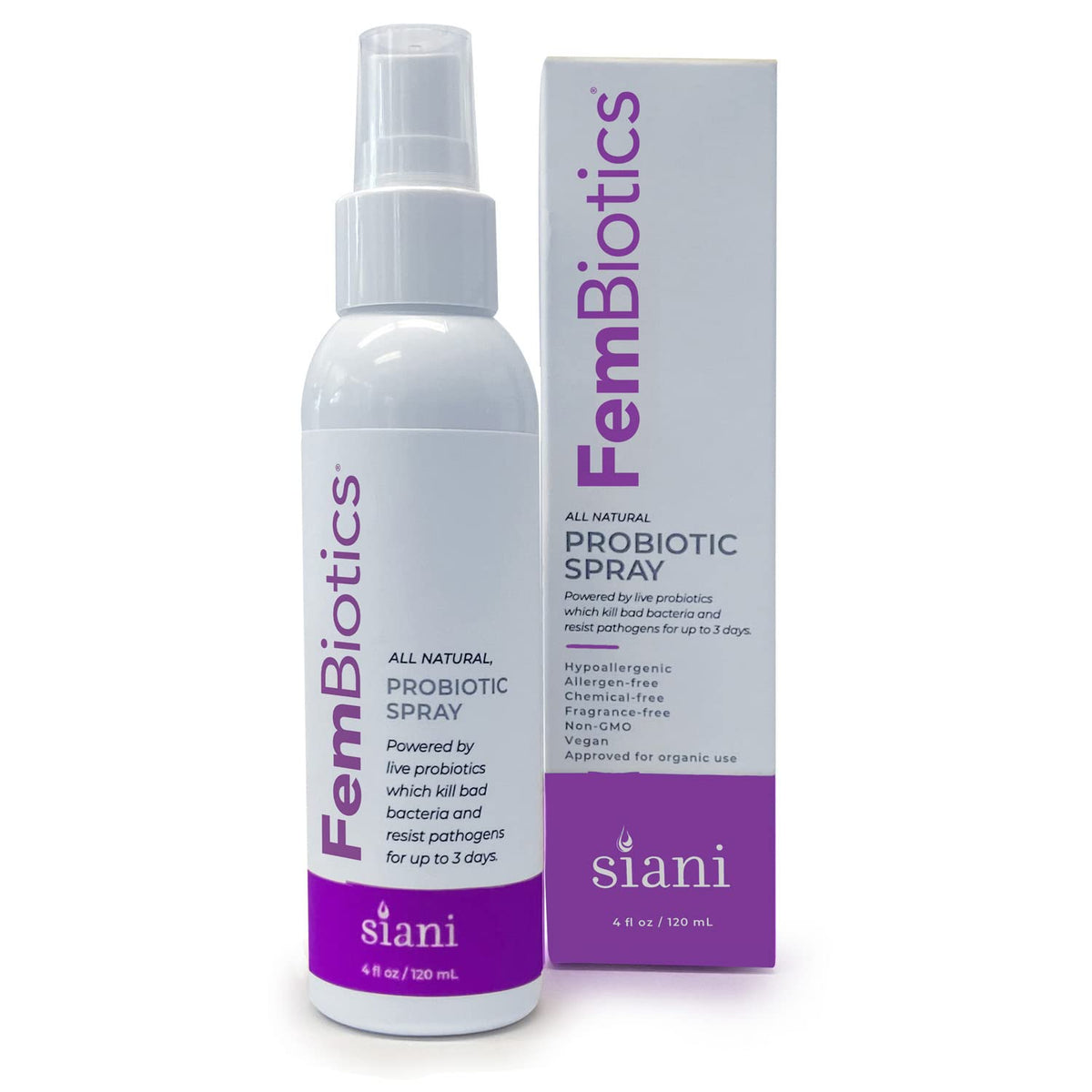 FemBiotics de SIANI, botella spray para uso externo y cuidado diario de la piel sensible.
