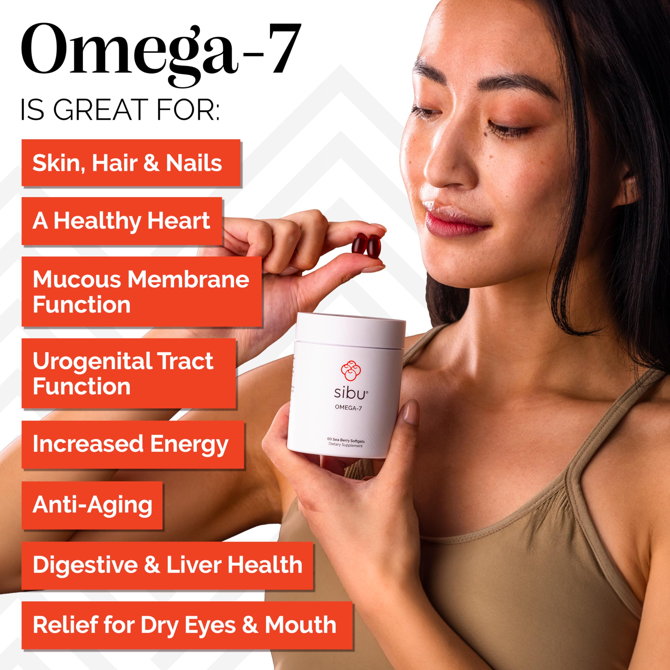 Sibu omega-7: etiqueta de ingredientes clave para piel saludable.