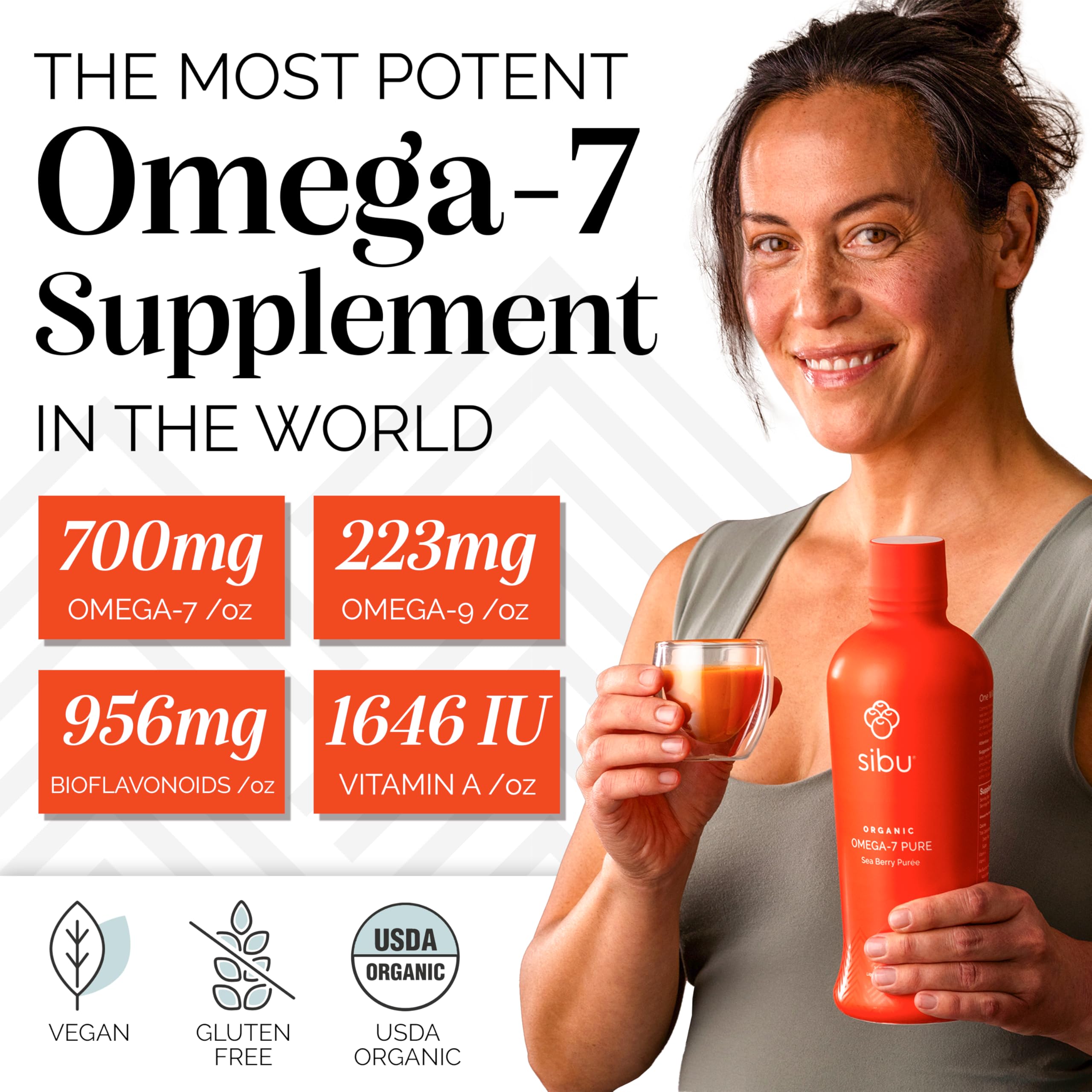 Vertido de Sibu Omega-7 puro en vaso, sabor intenso.