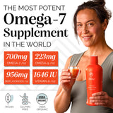 Vertido de Sibu Omega-7 puro en vaso, sabor intenso.