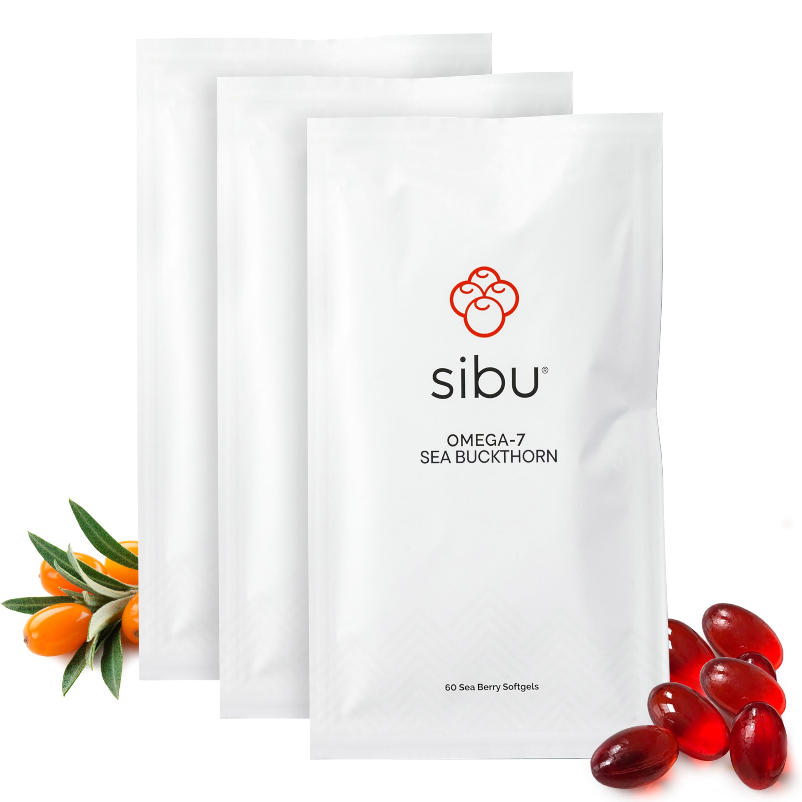 Sibu Sea Buckthorn Omega-7 cápsulas en frasco para piel y cabello saludables