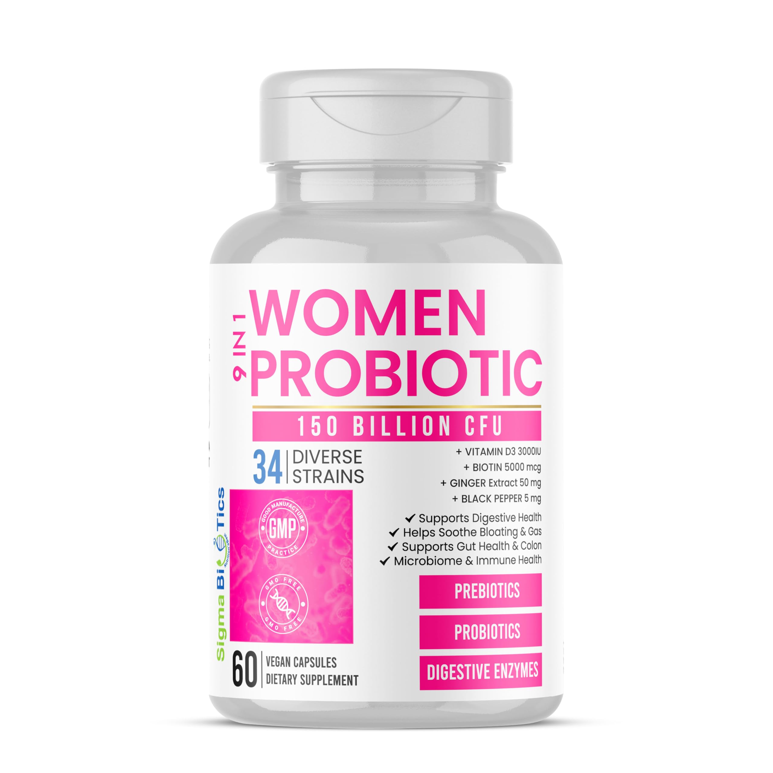 SigmaBiotics Mujeres Probióticos: frasco y cápsulas para apoyo digestivo diario
