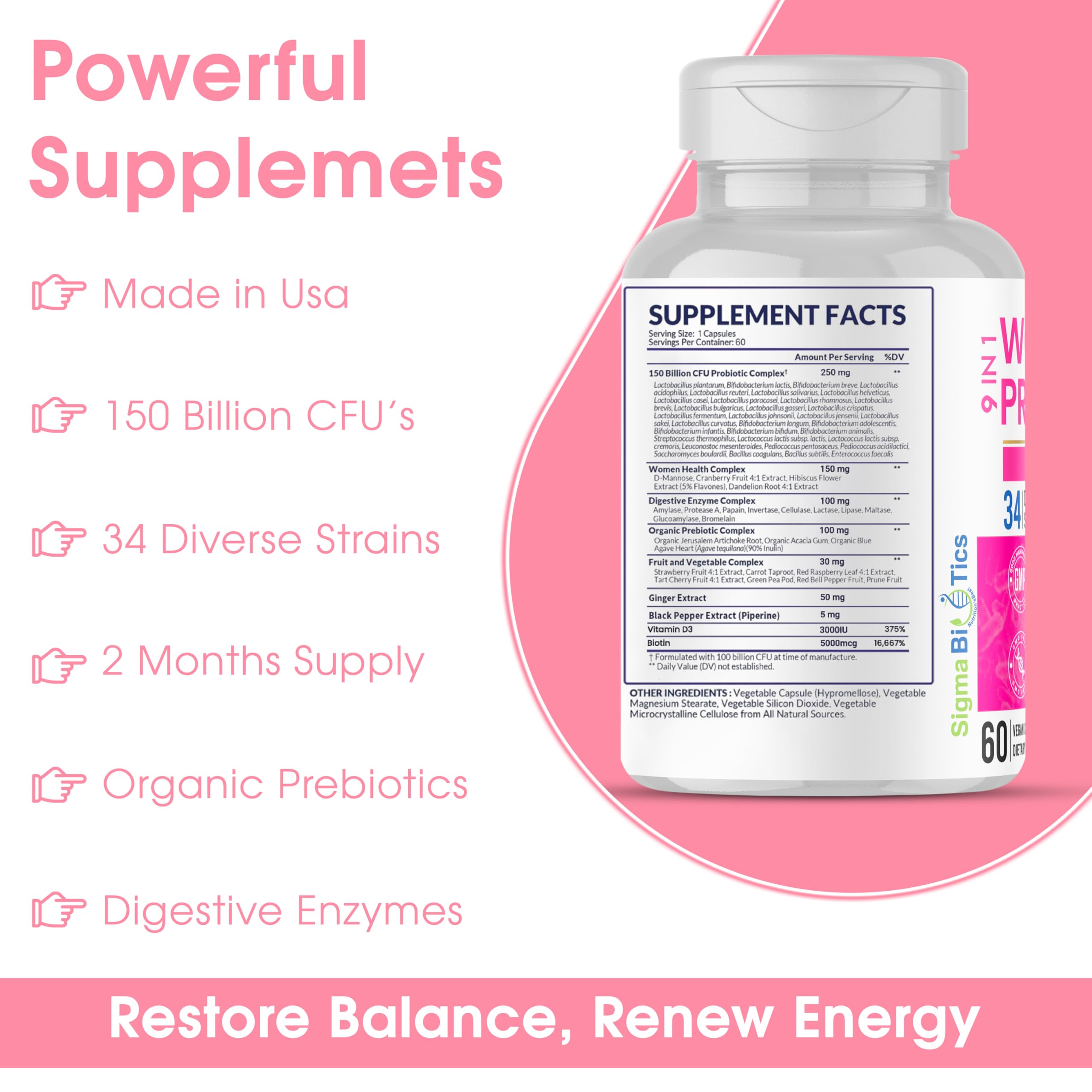 SigmaBiotics Probióticos: frasco-cápsulas, etiqueta clara para consumo diario vegano