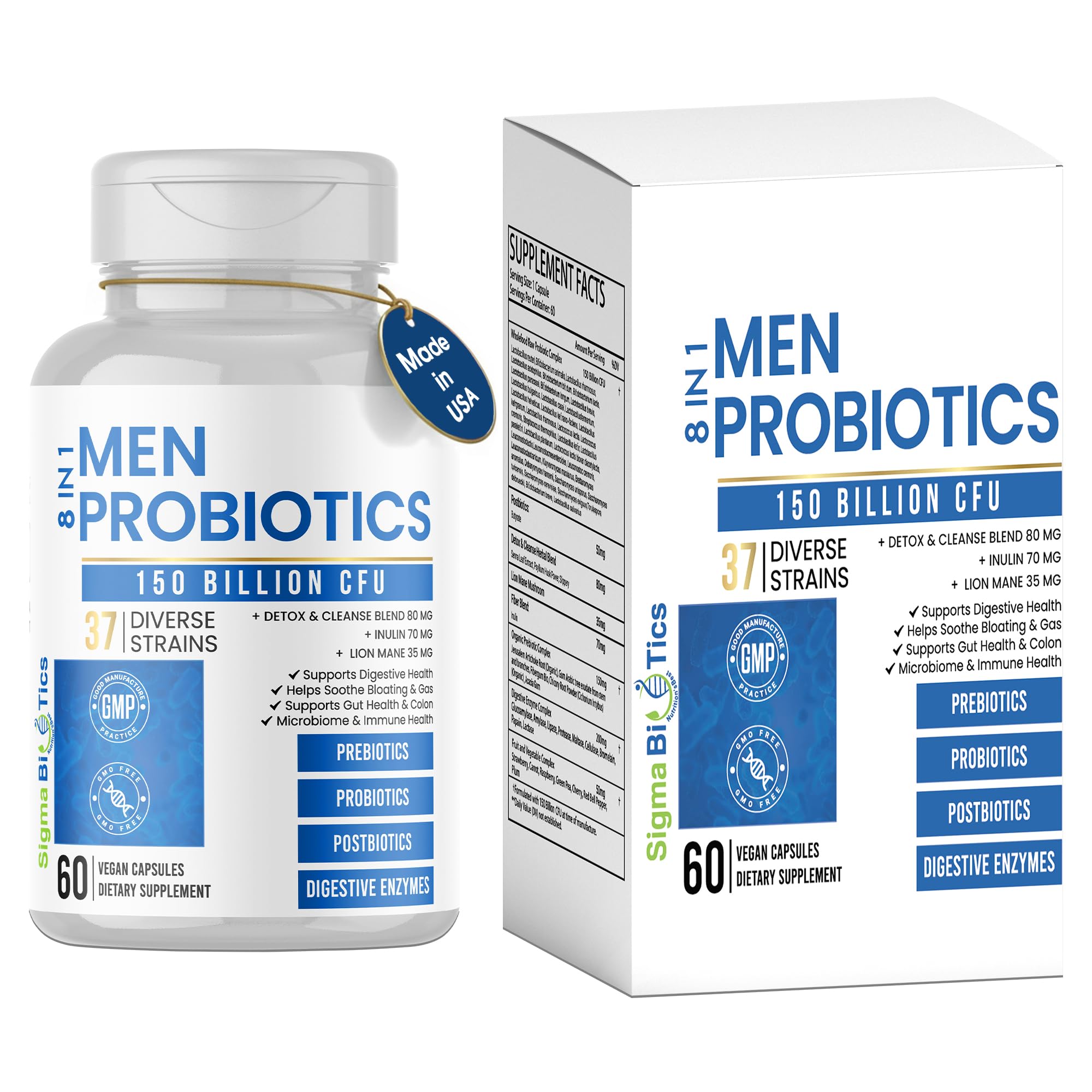 SigmaBiotics probióticos para hombres en frasco, apoyo diario a la salud intestinal.