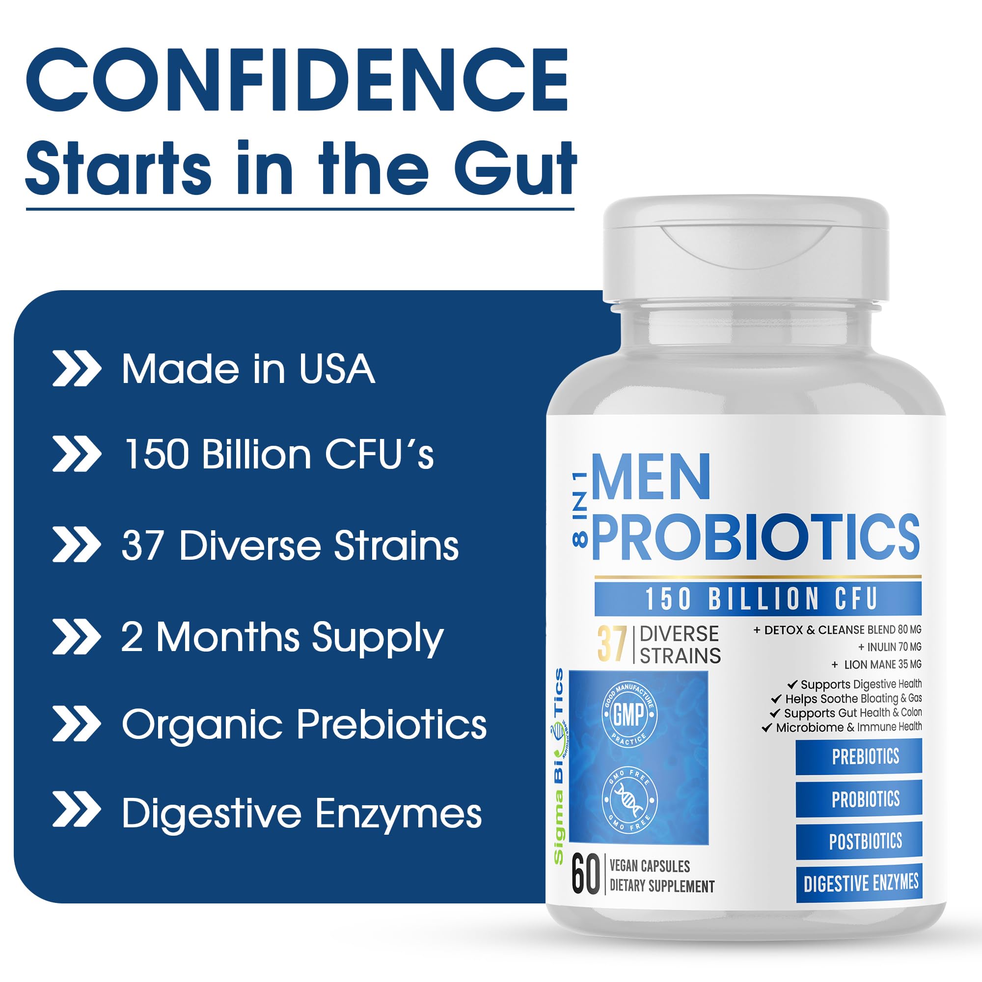 Cápsulas de SigmaBiotics en primer plano para digestión y claridad mental.
