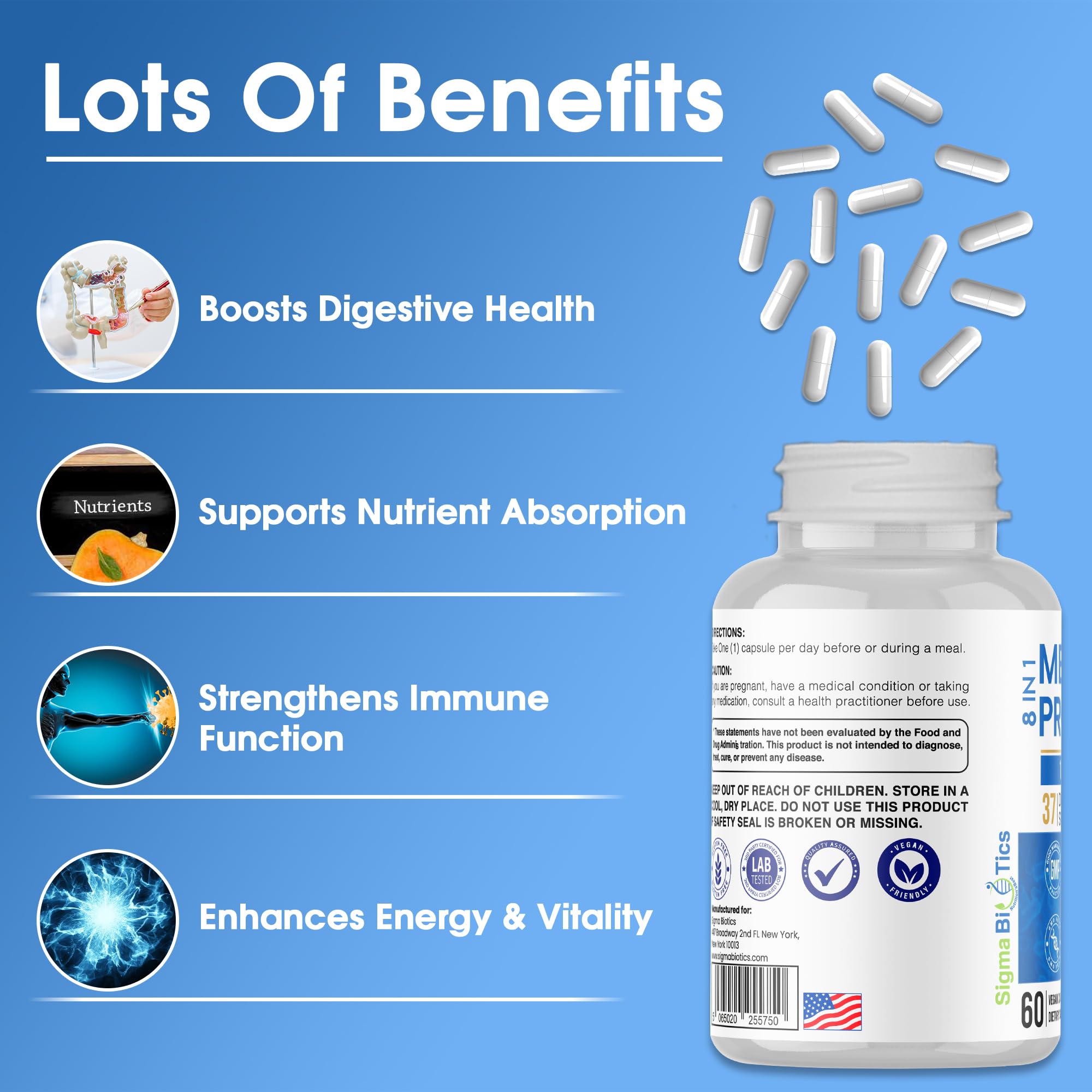 SigmaBiotics vegan sin OGM, adecuado para dietas vegetarianas.