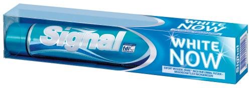 Signal White Now pasta de dientes en tubo de 75 ml para uso diario.