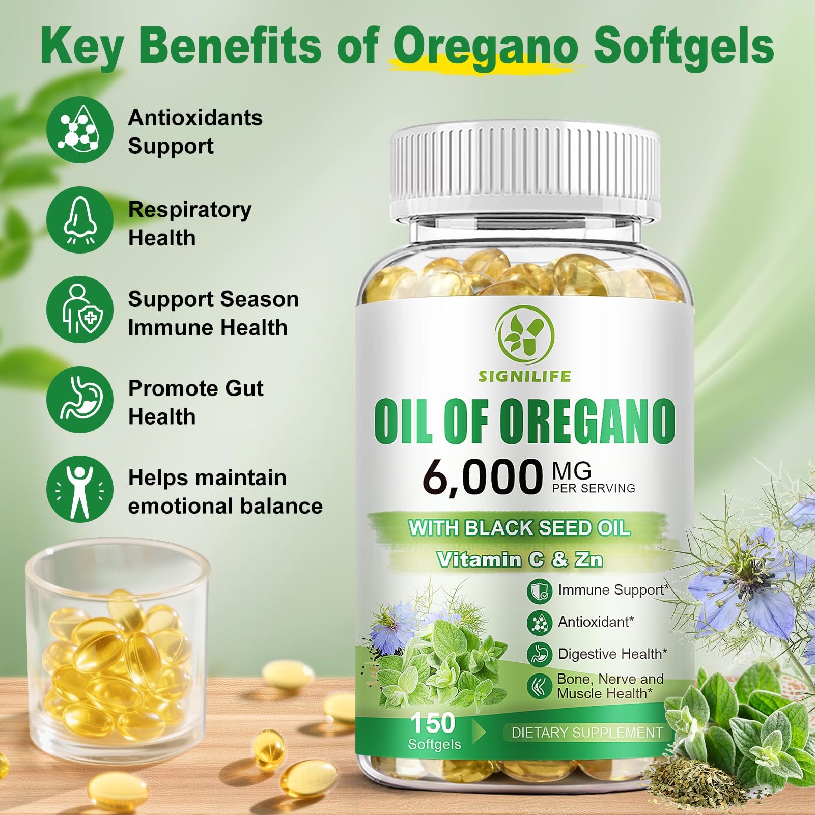 SIGNILIFE Aceite de oregano biológico con semillas, ingredientes clave para la digestión saludable.