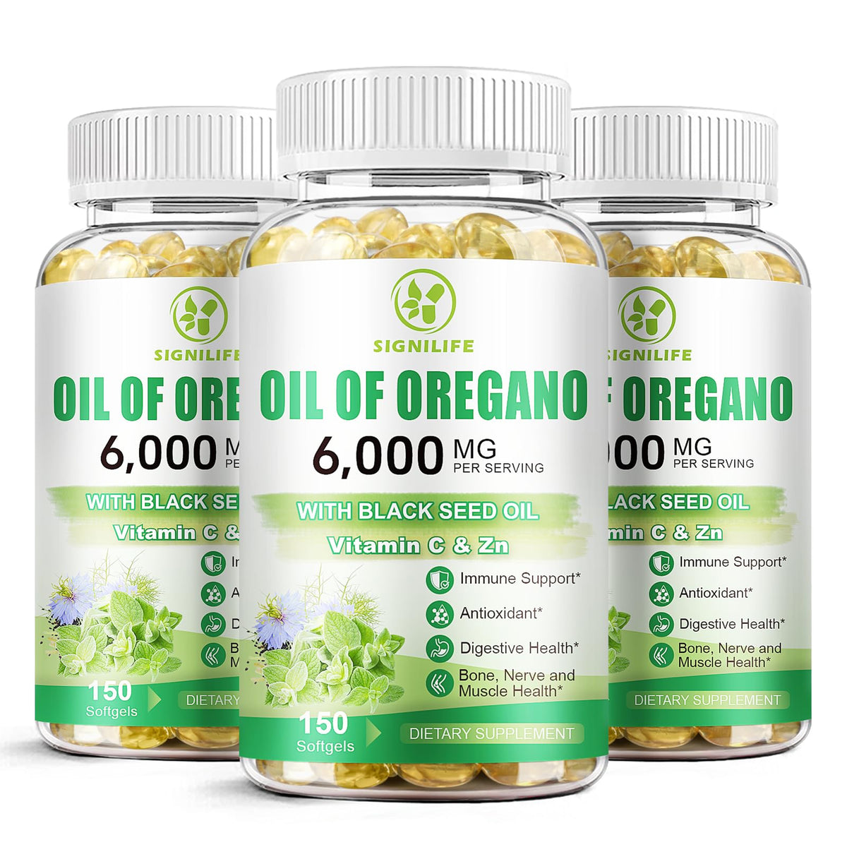 Signilife Aceite de Orégano con Semilla Negra en botella, aroma intenso para uso diario.