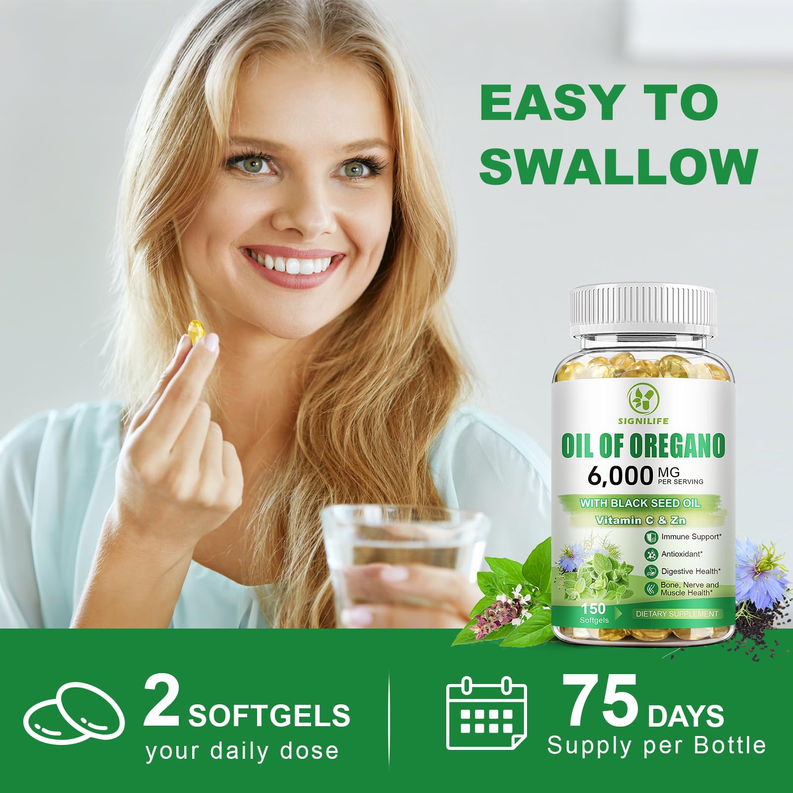 SIGNILIFE Cápsulas blandas de oregano con semilla negra, fácil ingesta y alta biodisponibilidad.