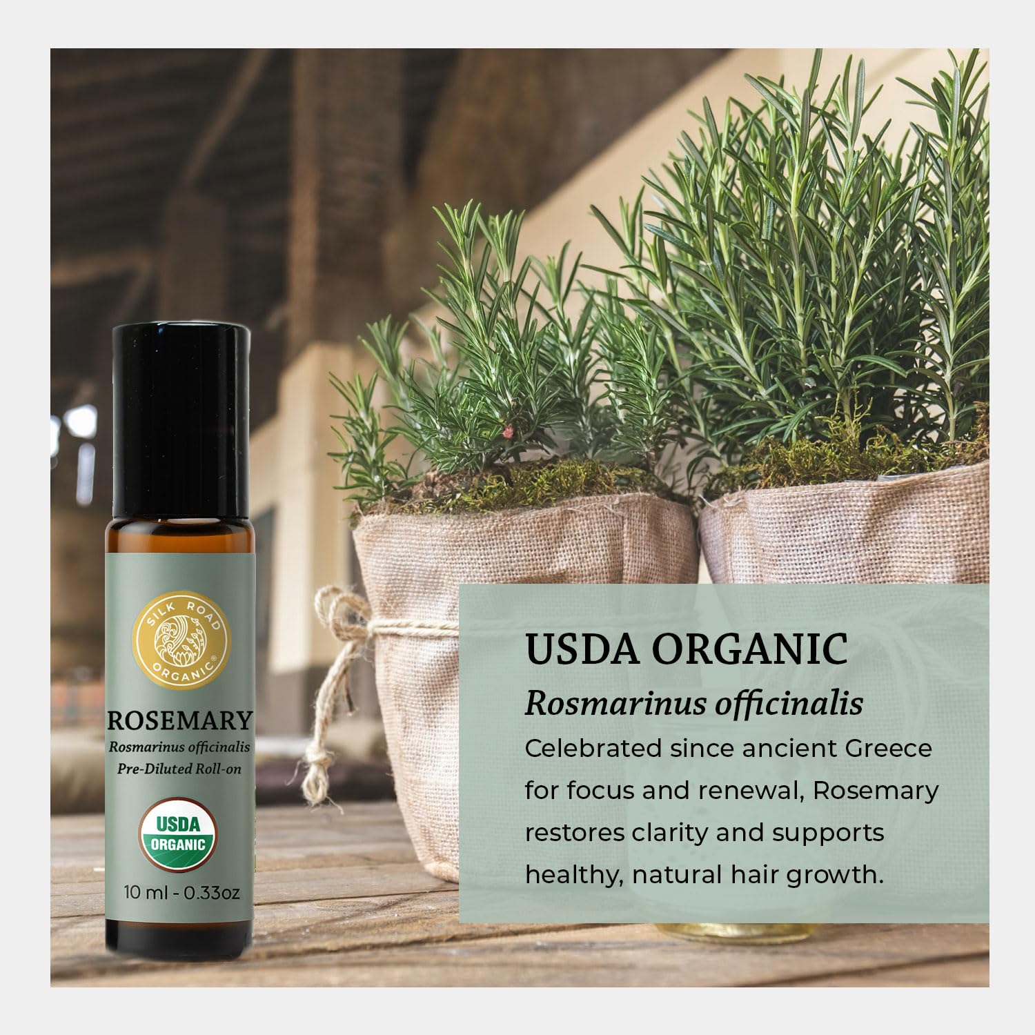 Silk Road Organic Romero Rodillo: etiqueta USDA certificada y formato portátil.