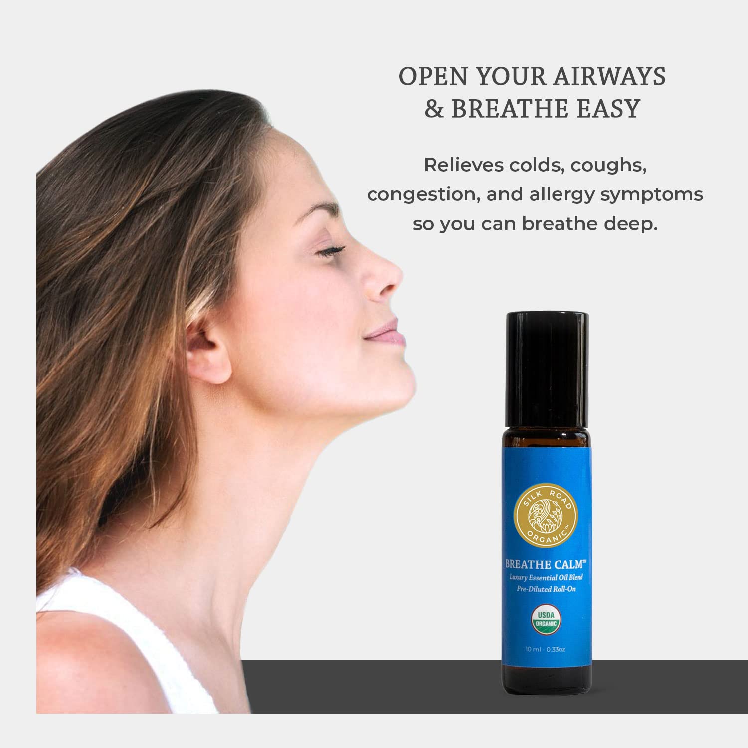 Silk Road Organic etiqueta de Breathe Calm, diseño claro para uso diario.