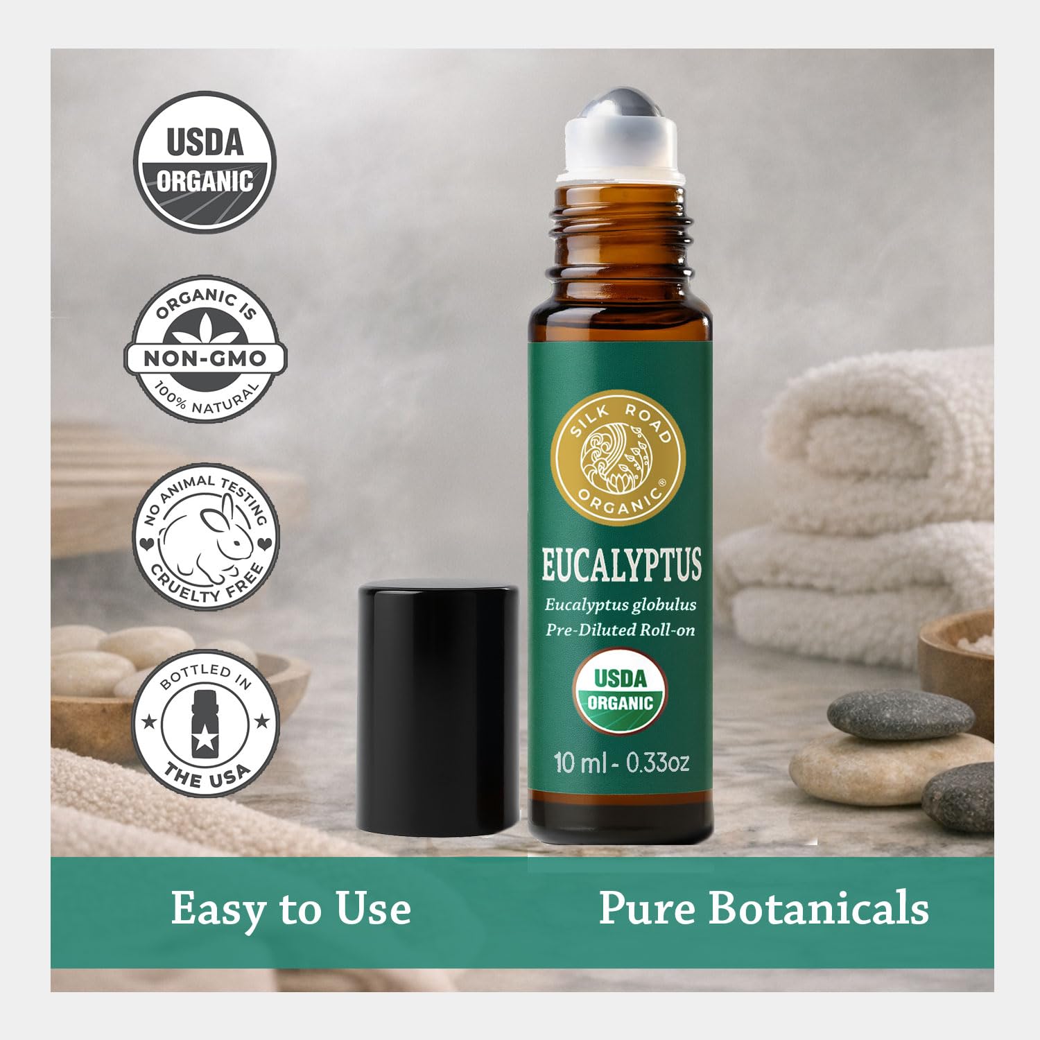 Silk Road Organic Eucalipto Roll-On, aroma mentolado para sensación de claridad al respirar.