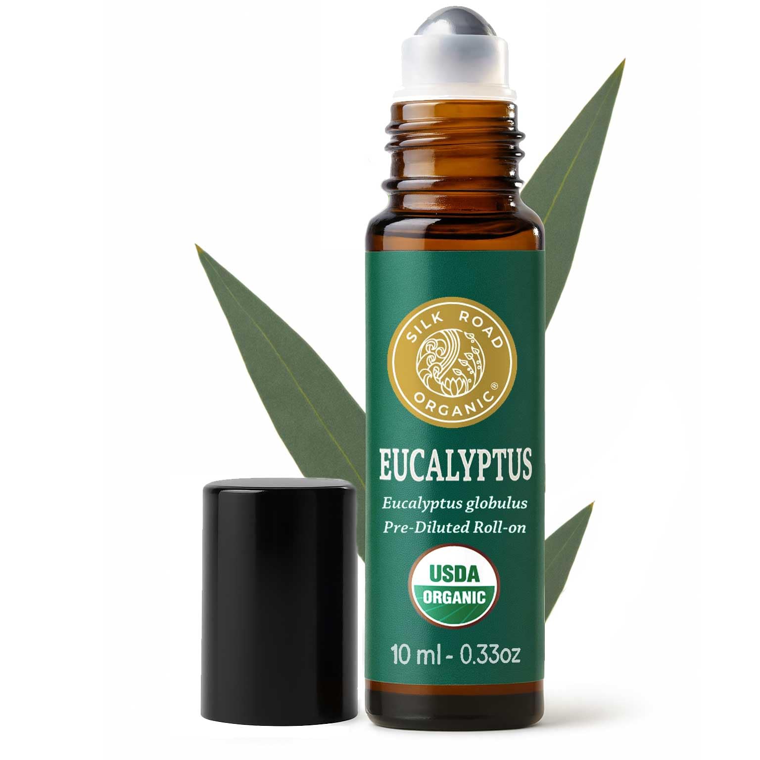 Silk Road Organic Eucalipto Roll-On, botella compacta para uso diario y respiración más clara.