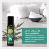 Silk Road Organic Eucalipto Roll-On, aroma fresco para apoyo de respiración diaria.