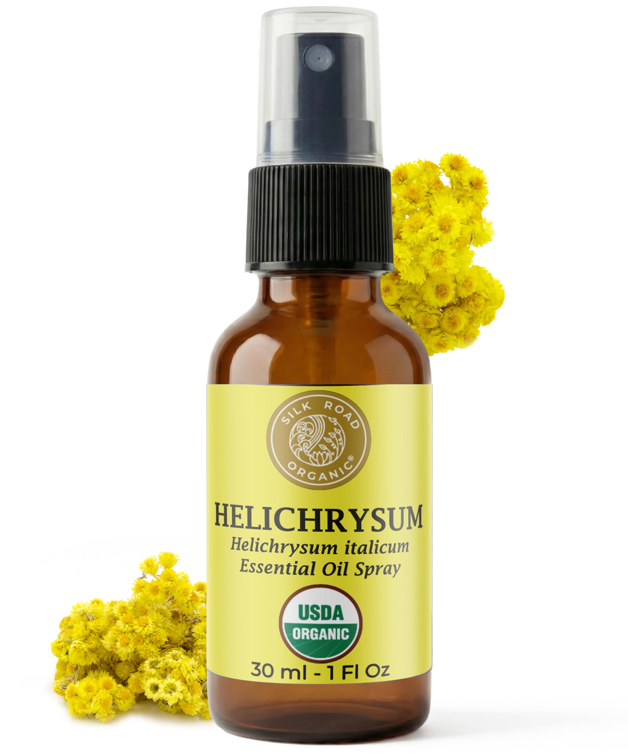 Silk Road Organic Helichrysum Spray, botella para cuidado diario de la piel.