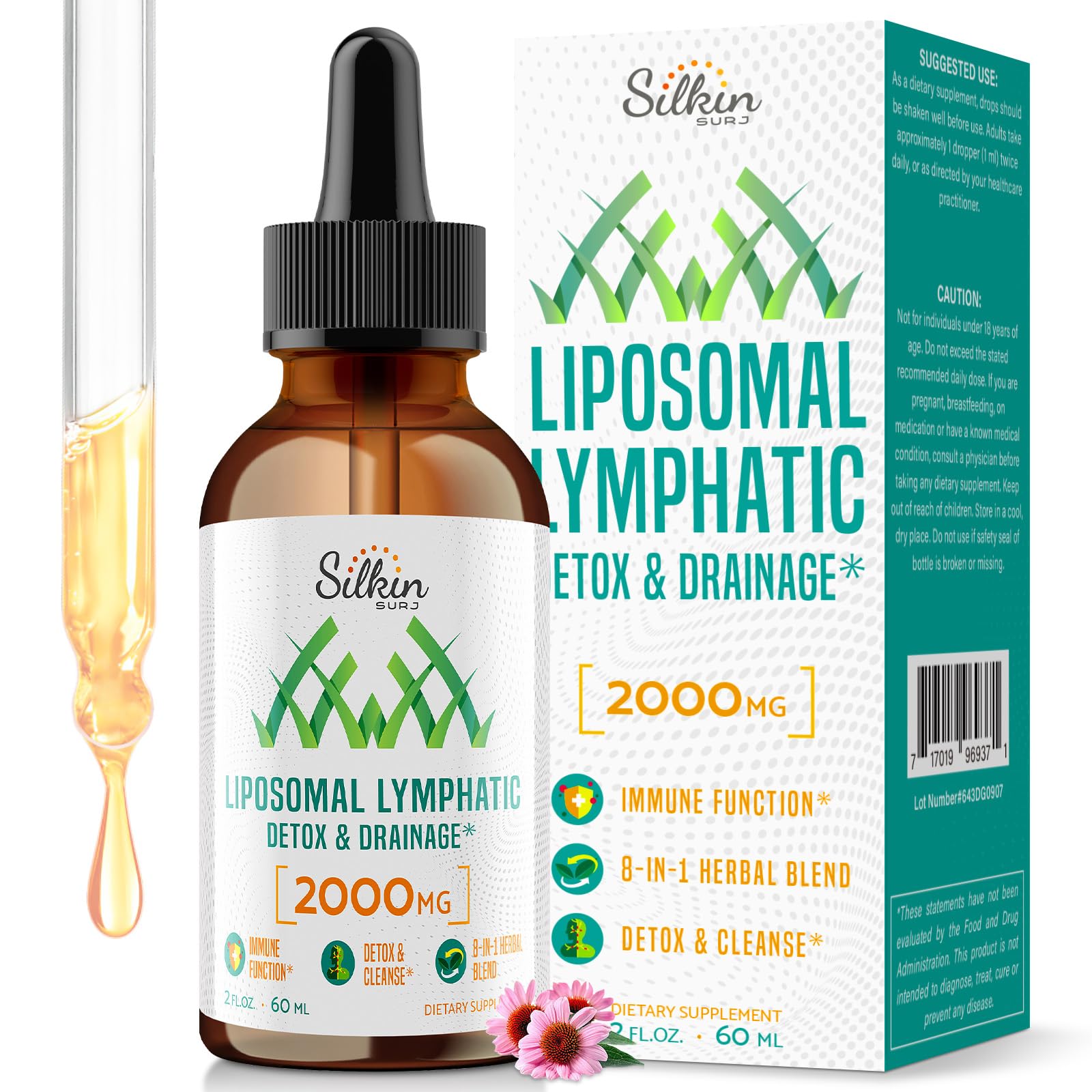 Gotas liposomales SilkinSurj en botella para drenaje linfático y equilibrio de fluidos.