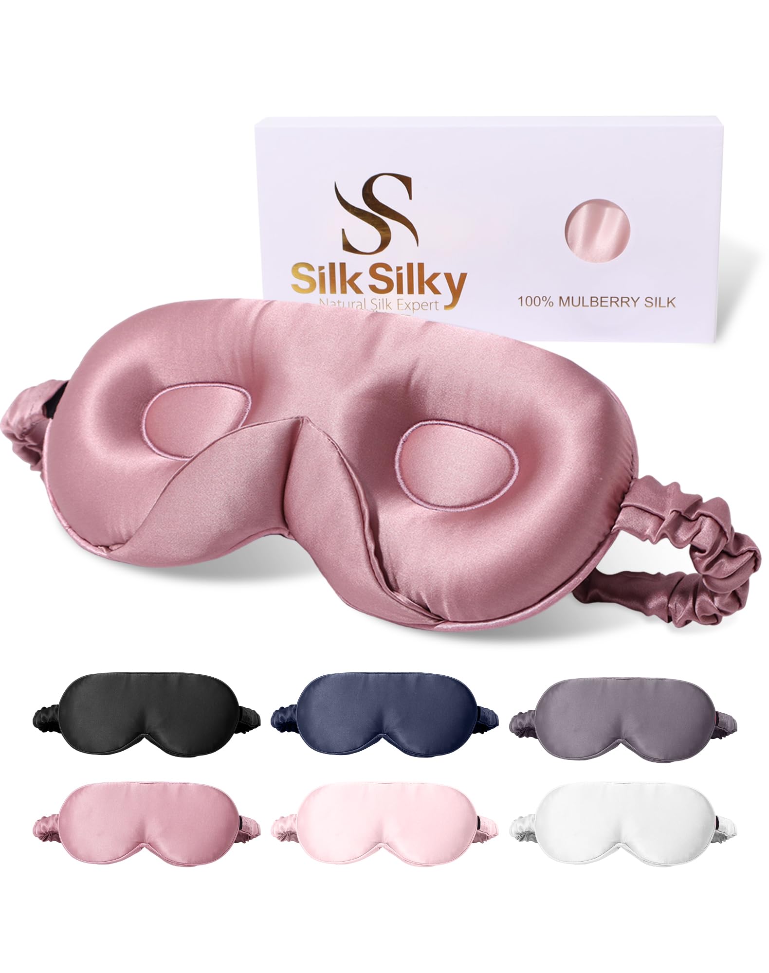 SilkSilky máscara de seda Mulberry 100% para descanso suave y bloqueo de luz.