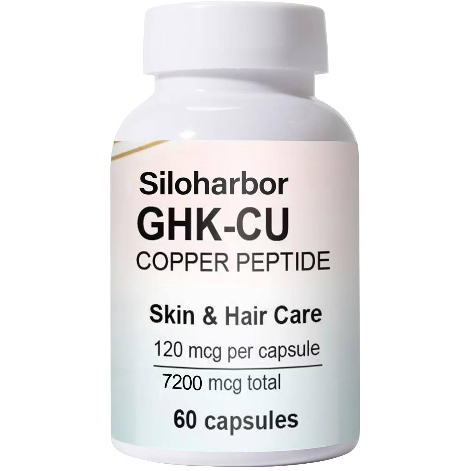 Siloharbor GHK-Cu, botella de cápsulas para piel y cabello saludables.