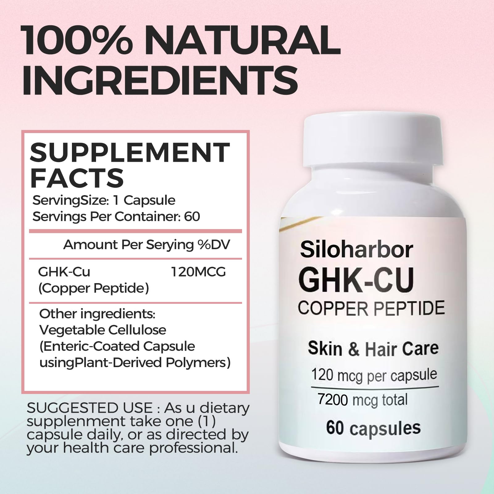 Siloharbor GHK-Cu presentación de 60 cápsulas para rutina diaria.