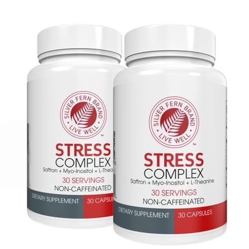 Silver Fern Stress Complex, botella, apoyo diario para relajación sin cafeína.
