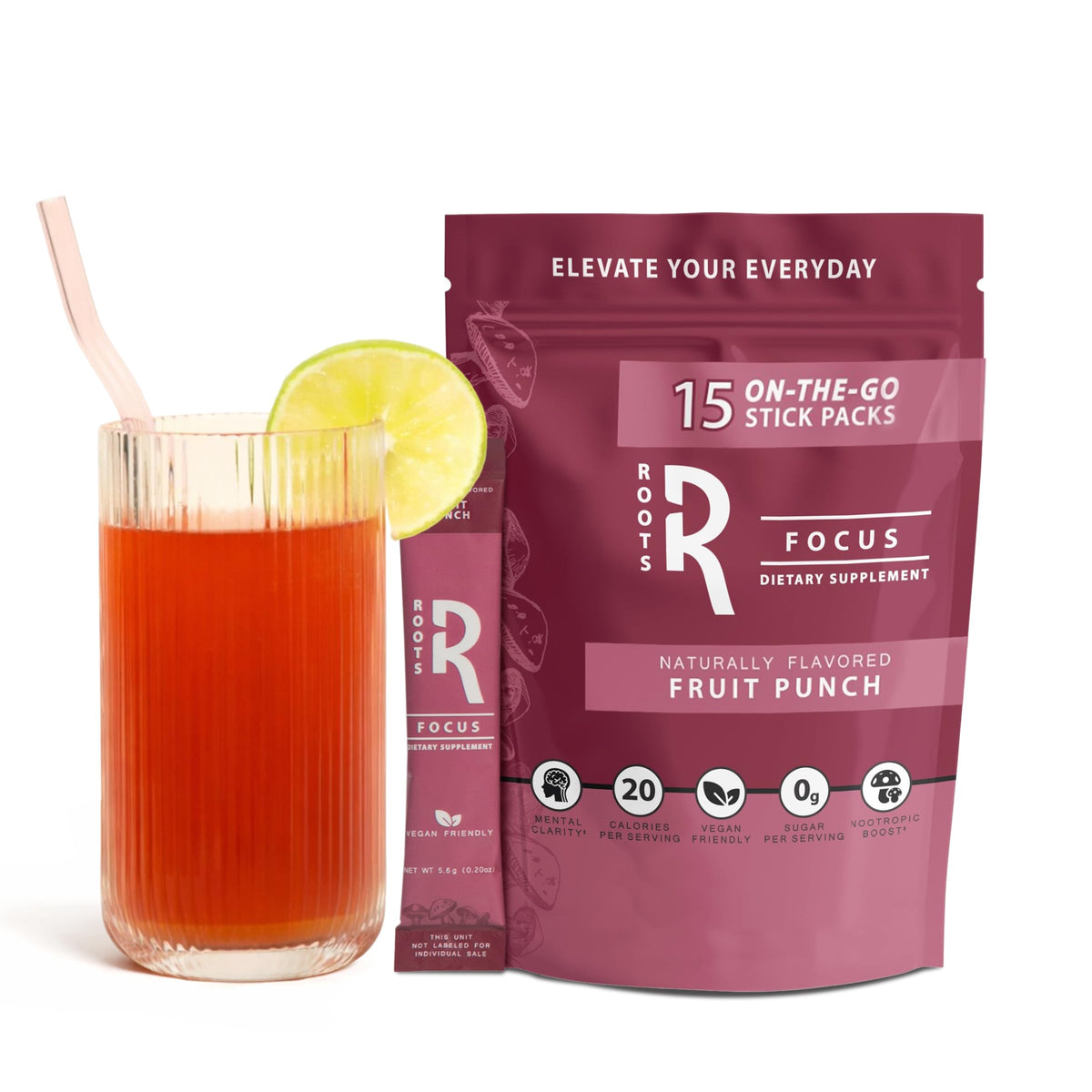 Roots Focus de Silver Star Nutrition, sobre-fruta-punch, sabor vibrante para energizar tu día.