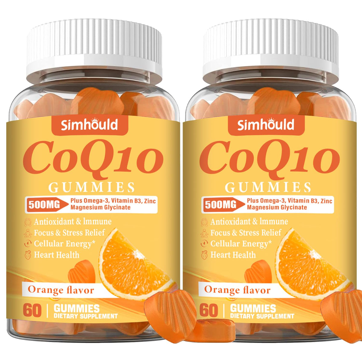 Simhould CoQ10 gomitas en botella frontal, posible impulso de energía diaria.